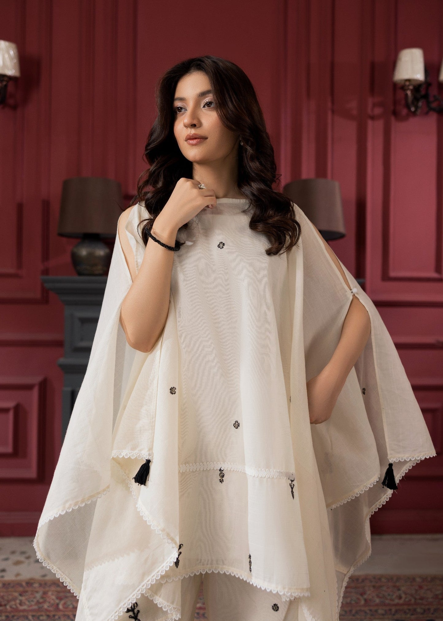Embroidered Cream Lawn Kaftan with Plazzo Online in Dubai DXB UAE Abudhabi Meena Bazaar