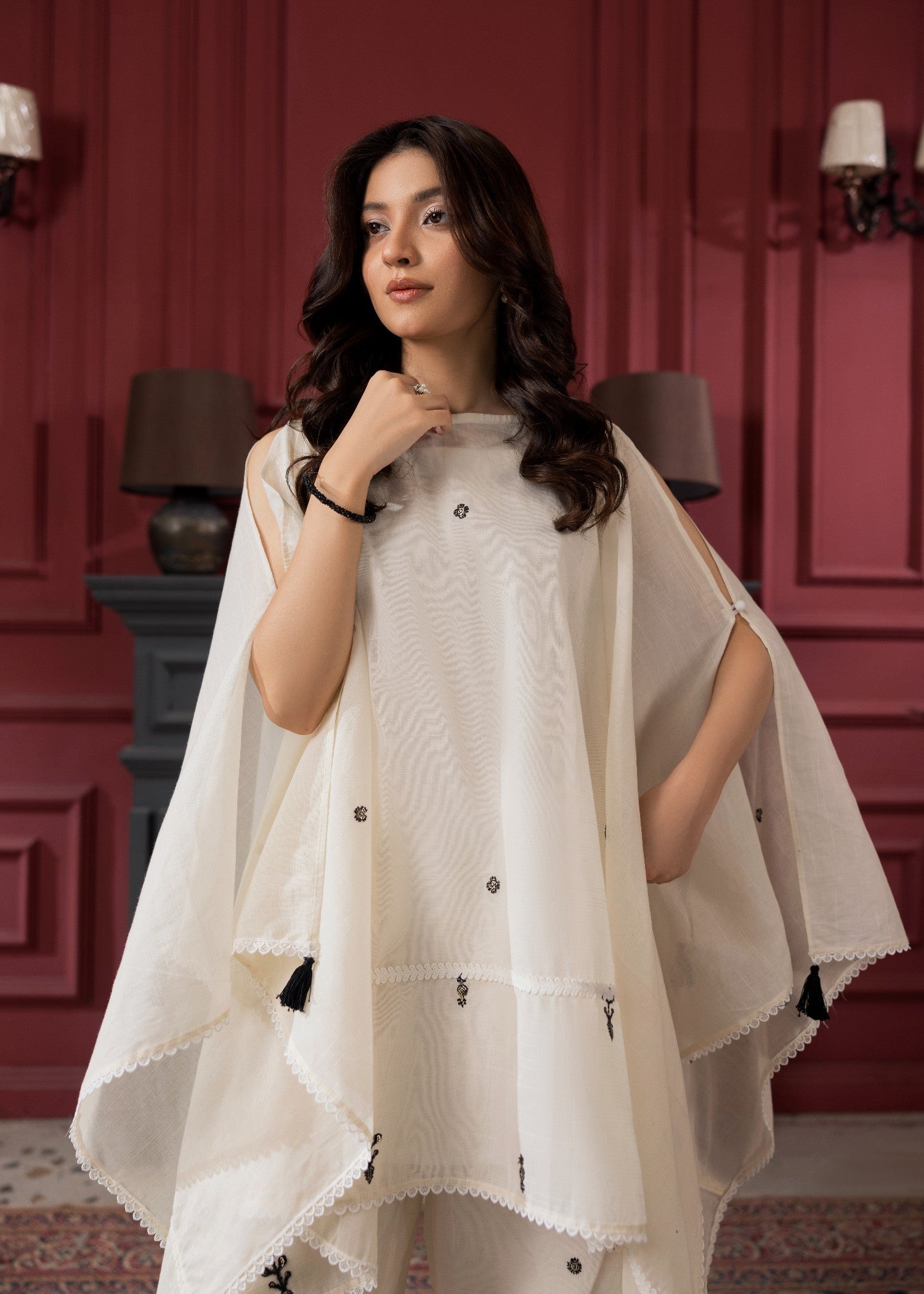 Embroidered Cream Lawn Kaftan with Plazzo Online in Dubai DXB UAE Abudhabi Meena Bazaar