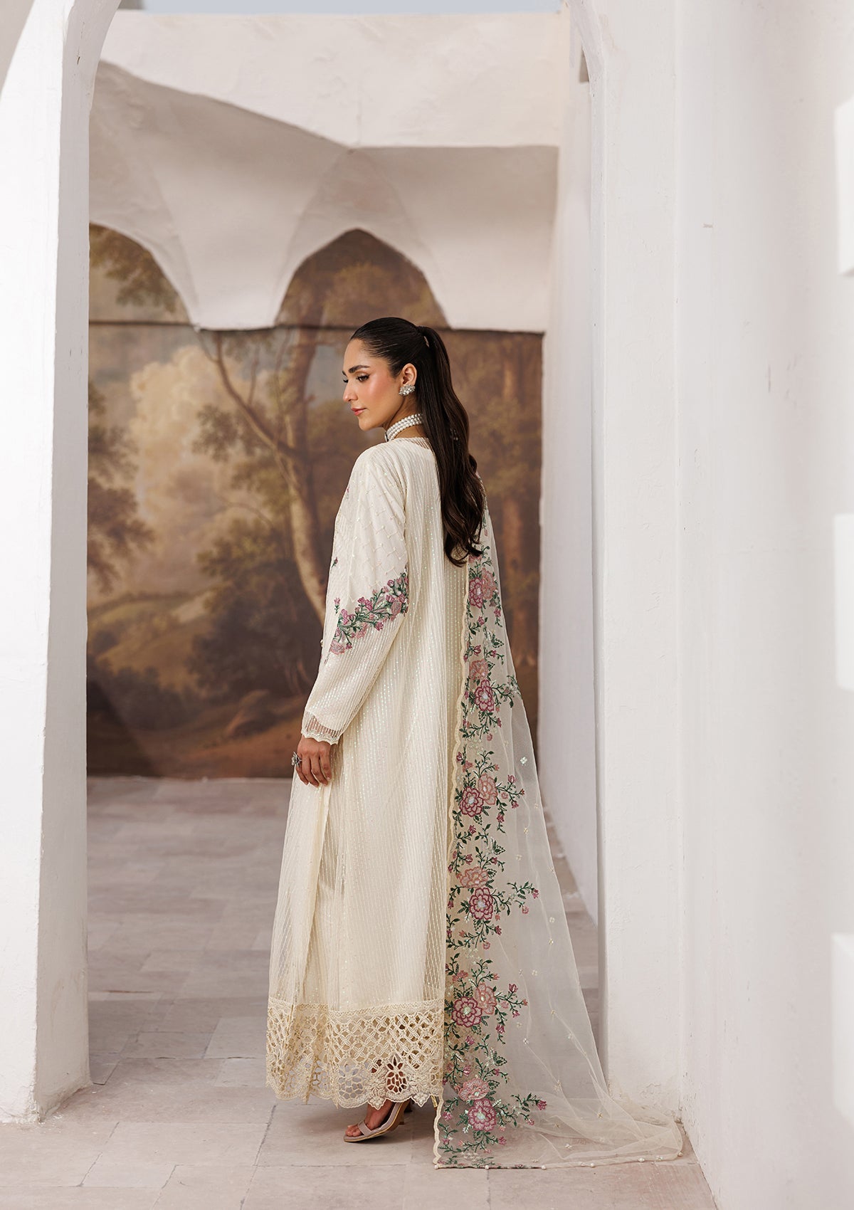 Embroidered Cream Raw Silk Party Wear Suit Online in Dubai DXB UAE Abudhabi Meena Bazaar