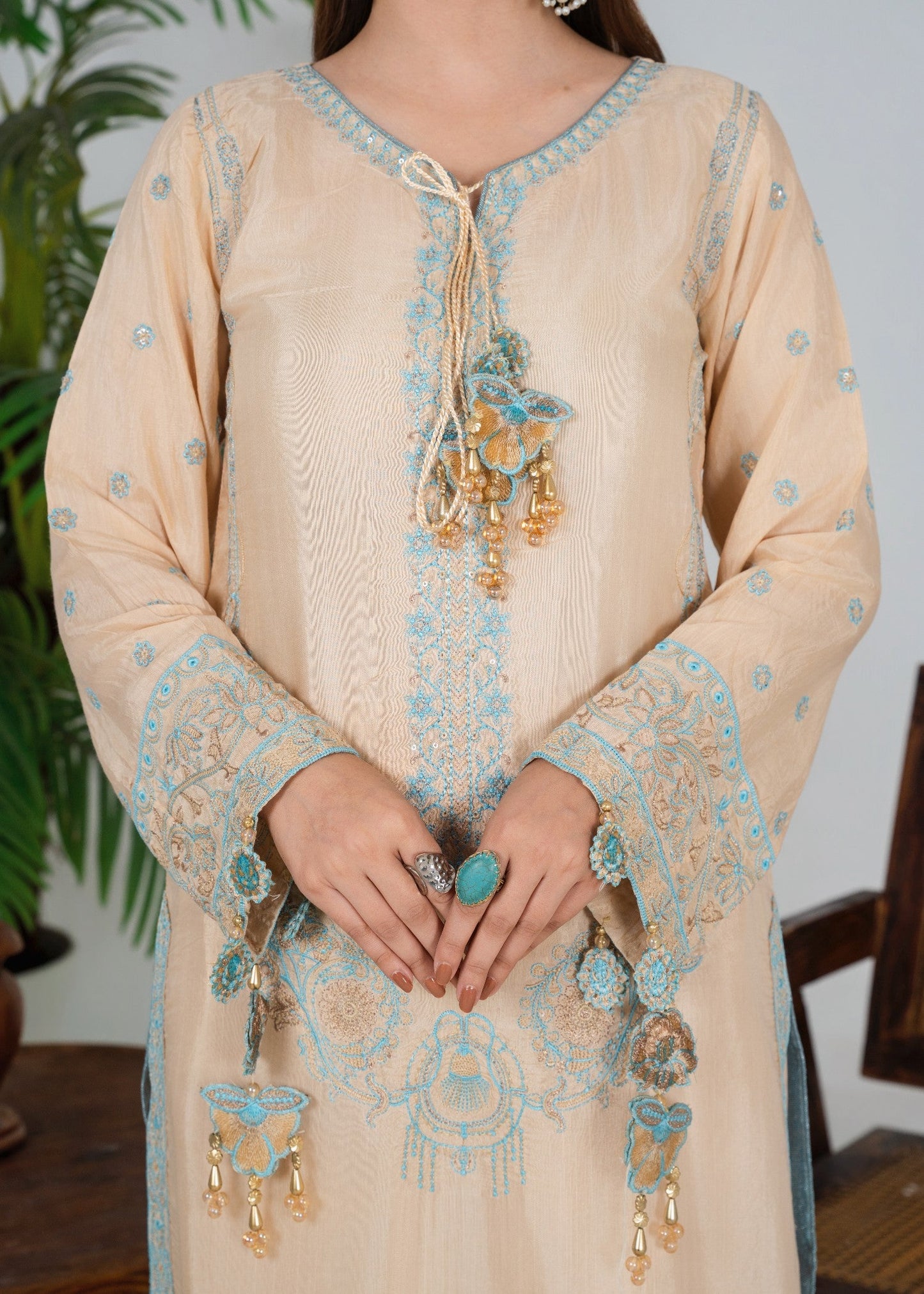 Embroidered Cream Silk Straight Cut Suit Online in Dubai DXB UAE Abudhabi Meena Bazaar