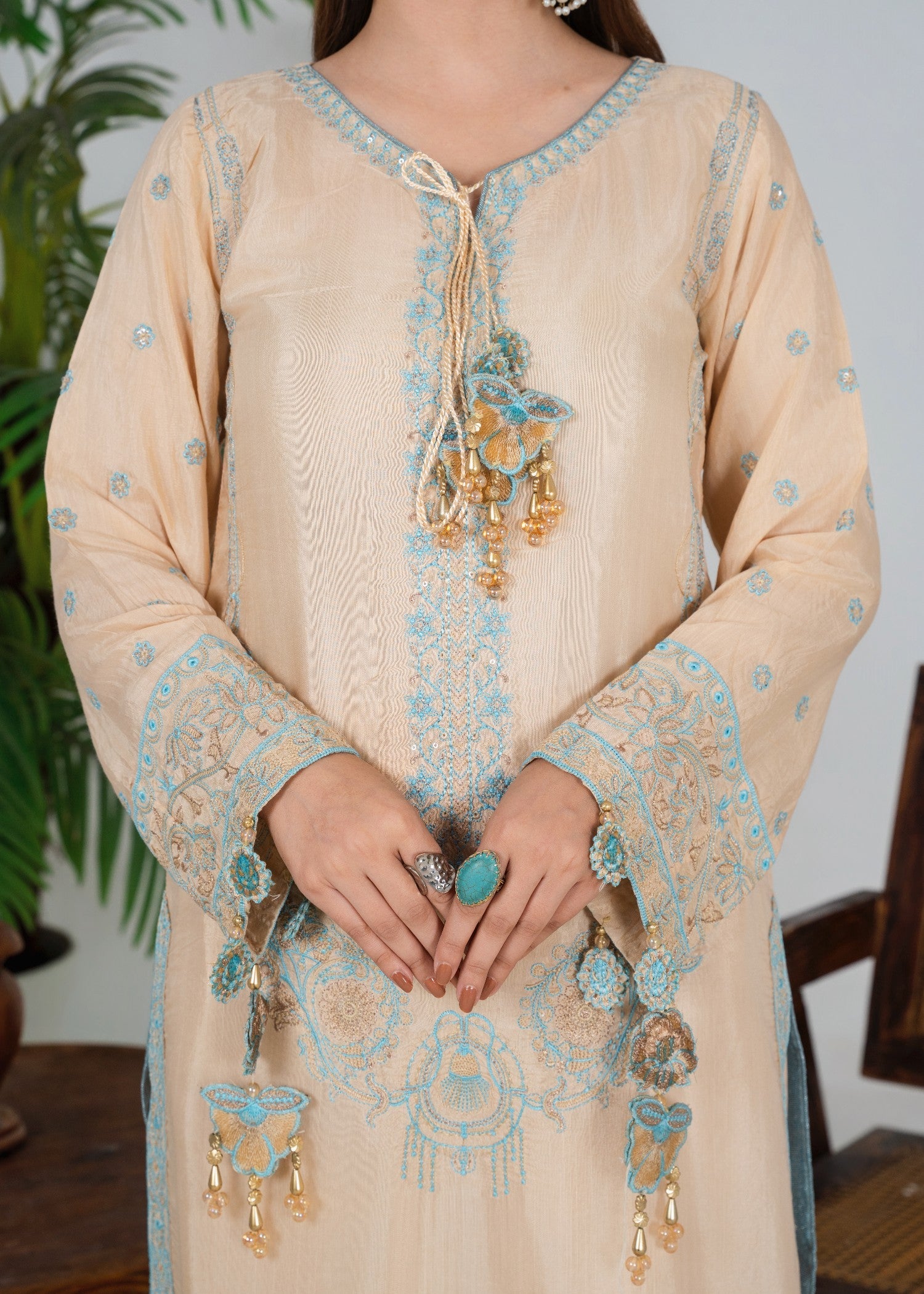 Embroidered Cream Silk Straight Cut Suit Online in Dubai DXB UAE Abudhabi Meena Bazaar