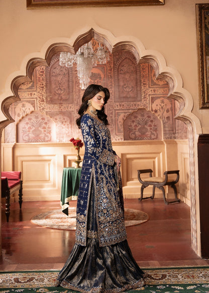 Embroidered Dark Blue Chiffon Pakistani Wedding Outfit Online in Dubai UAE Abudhabi Ajman Sharjah