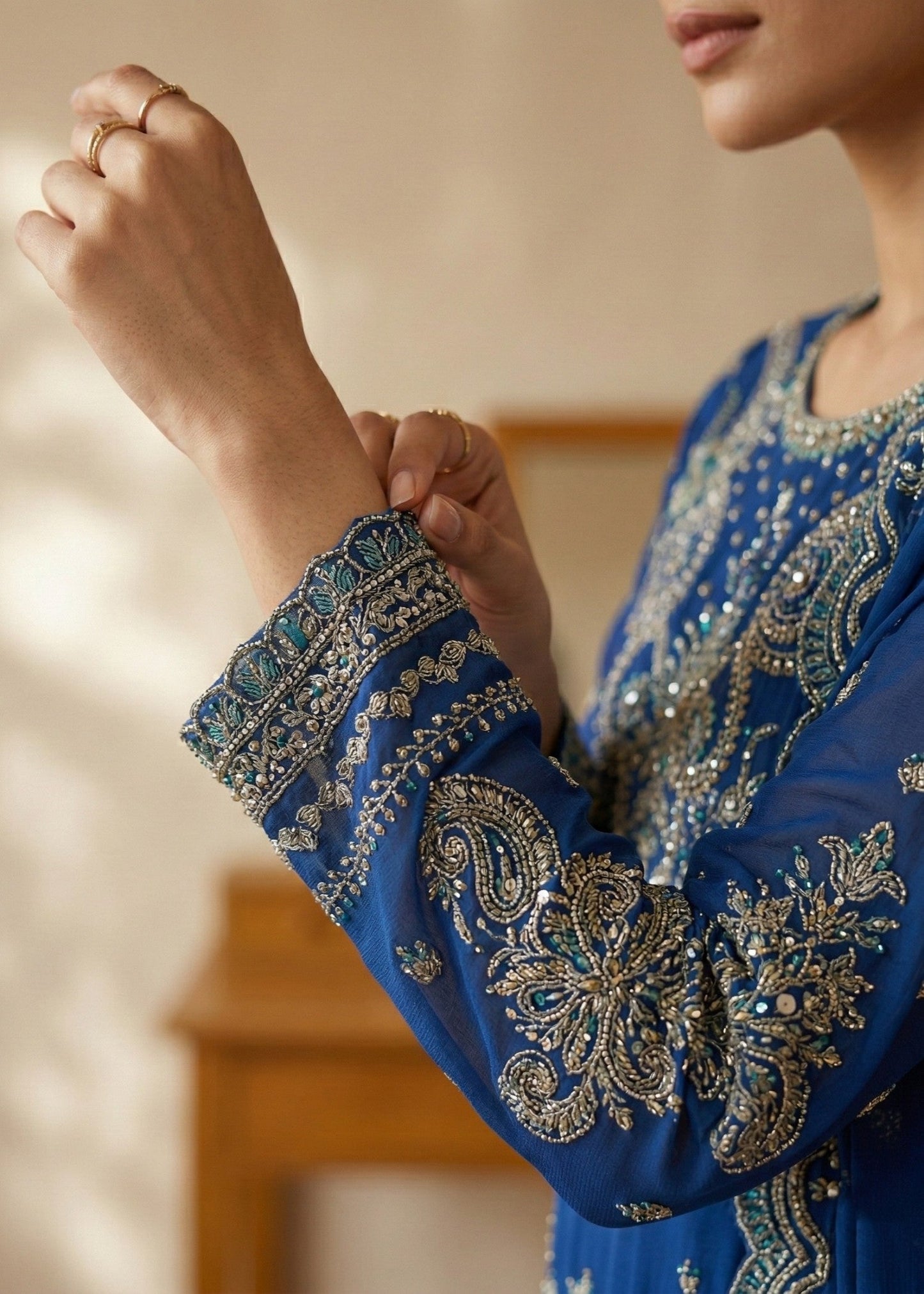 Embroidered Dark Blue Chiffon Party Wear Suit Online in Dubai DXB UAE Abudhabi Meena Bazaar