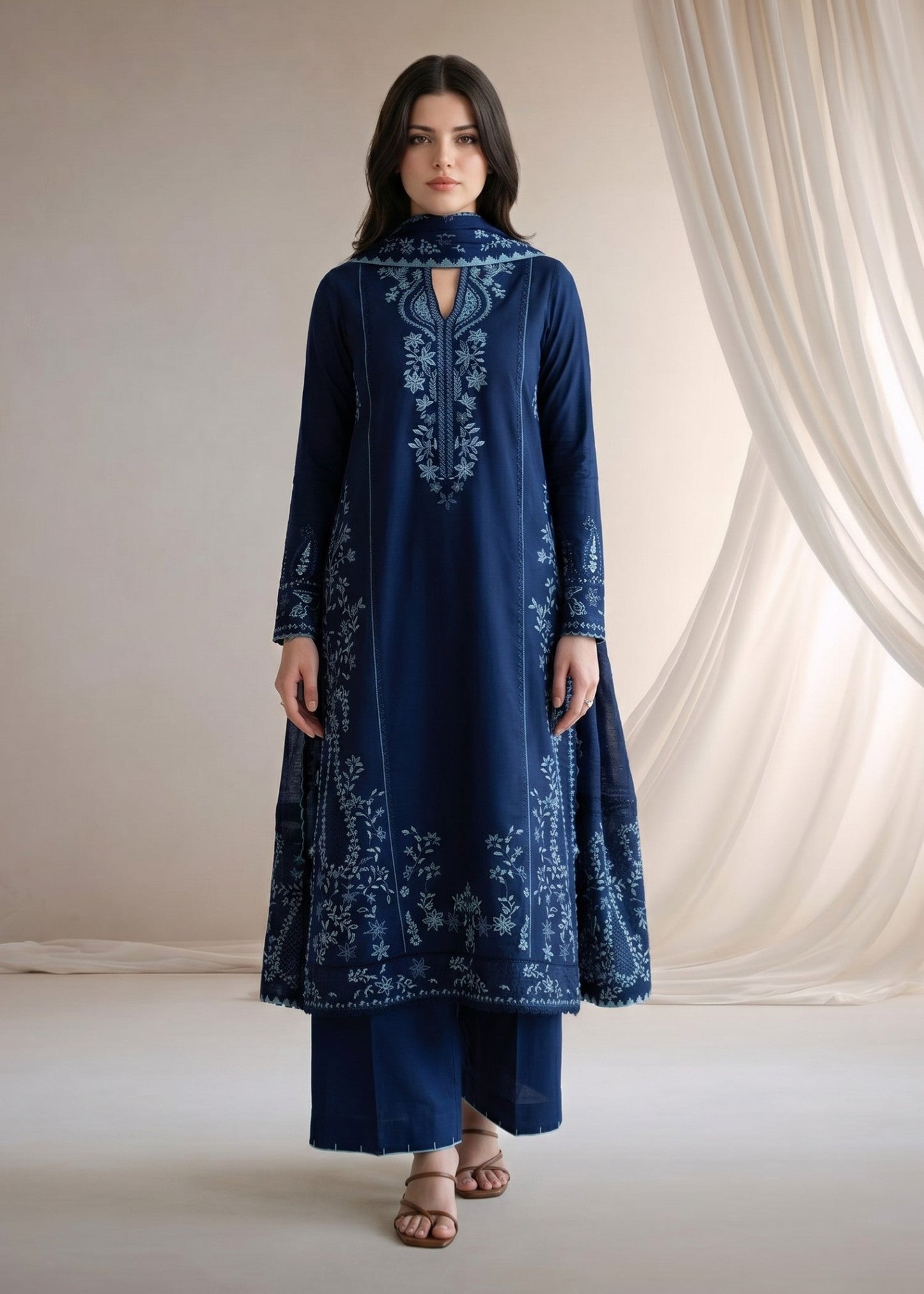 Embroidered Dark Blue Cotton Pakistani Suit Online in Dubai DXB UAE Abudhabi Meena Bazaar