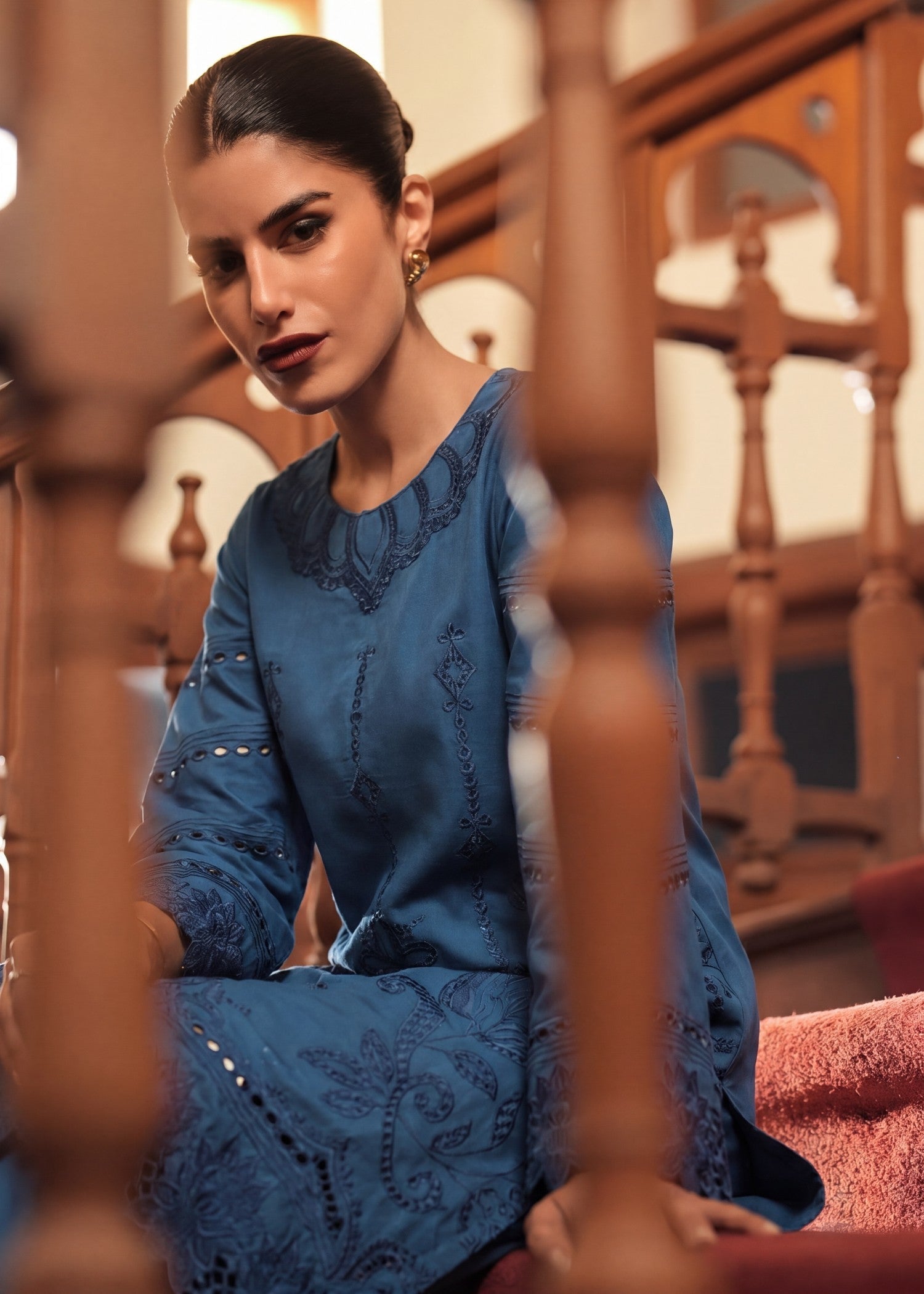 Embroidered Dark Blue Lawn Kurta with Dupatta Online in Dubai DXB UAE Abudhabi Meena Bazaar