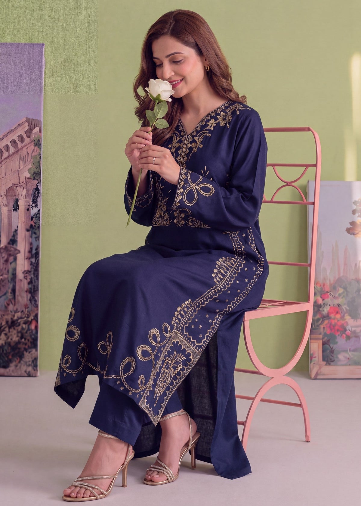 Embroidered Dark Blue Linen Kaftan Online in Dubai DXB UAE Abudhabi Meena Bazaar