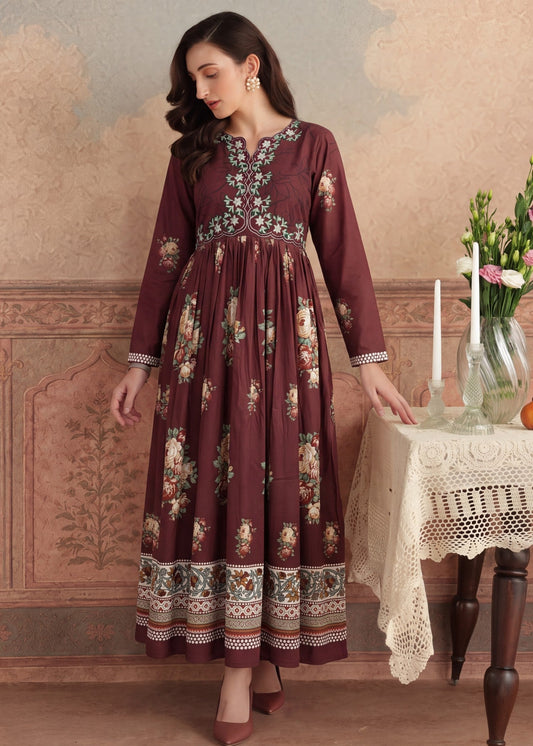 Embroidered Dark Brown Anarkali Dress Material Online in Dubai DXB UAE Abudhabi Meena Bazaar