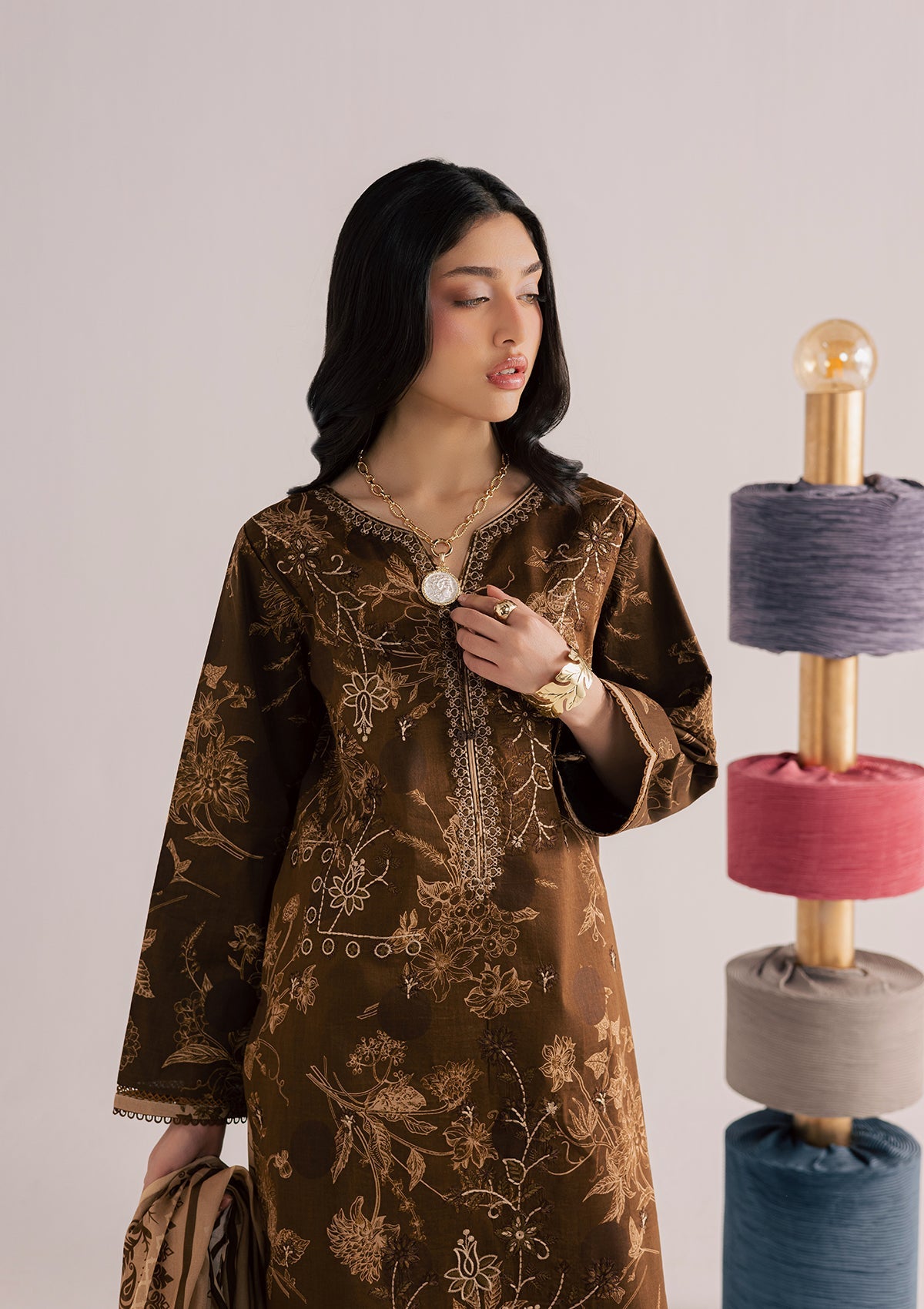 Embroidered Dark Brown Lawn Kurta Set with Dupatta Online in Dubai UAE Abudhabi Ajman Sharjah