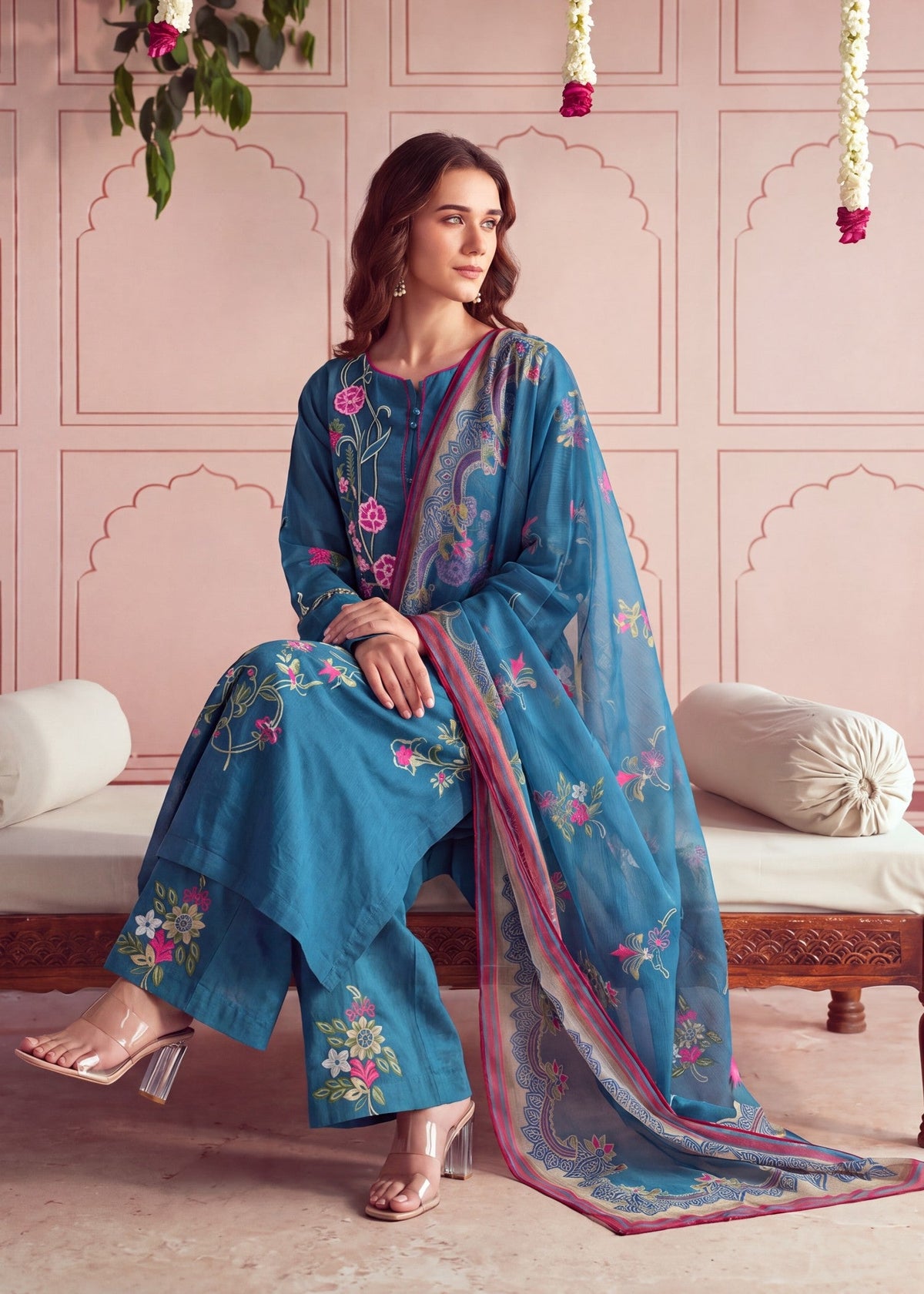 Embroidered Dark Cyan Pakistani Clothes Online in Dubai DXB UAE Abudhabi Meena Bazaar