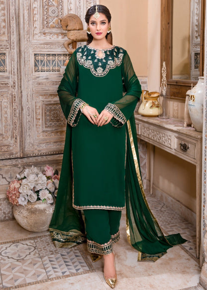 Embroidered Dark Green Chiffon Festive Wear Online in KSA Riyadh Saudi Arabia Oman Bahrain Qatar