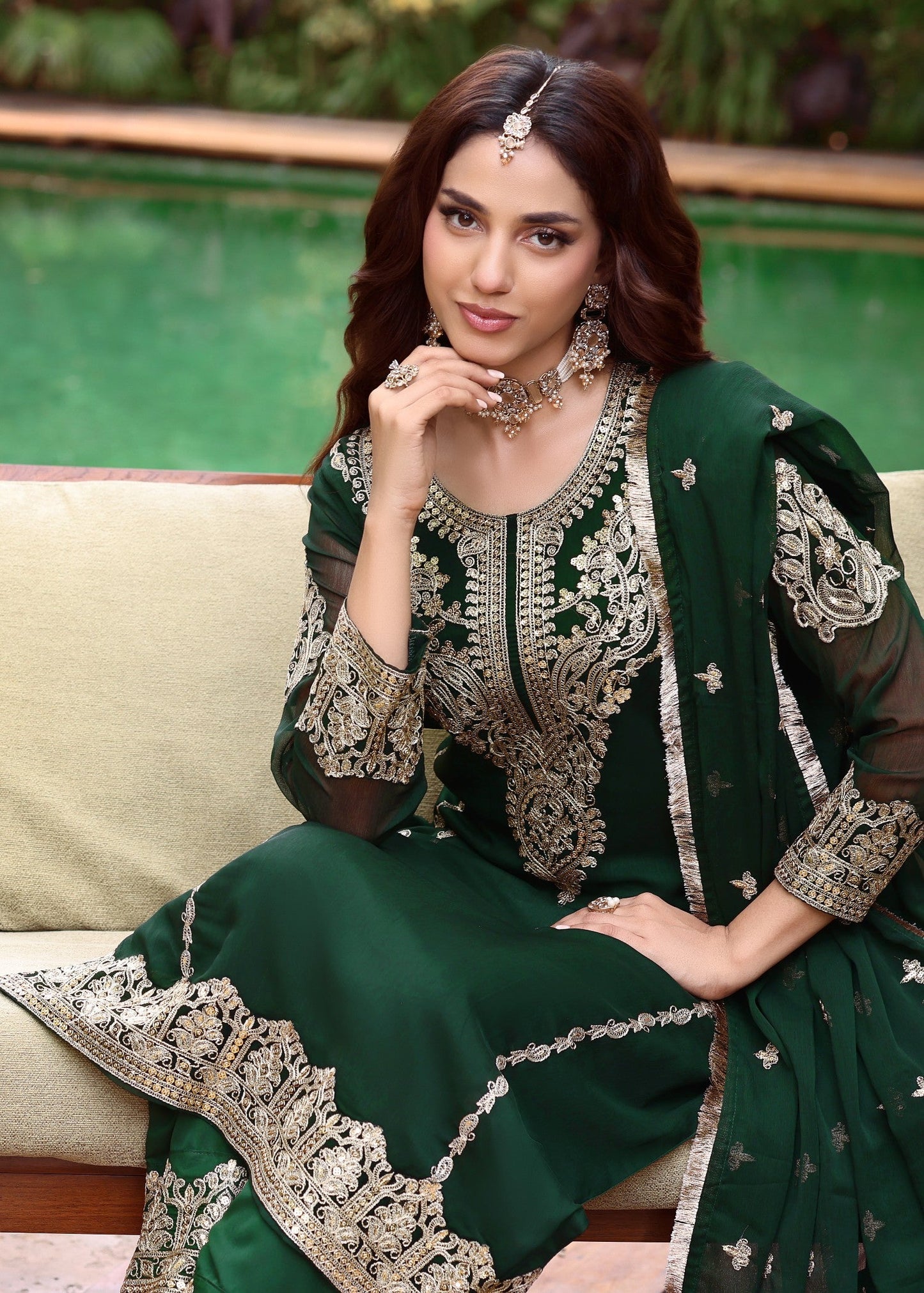 Embroidered Dark Green Chiffon Palazzo Suit Online in UK USA Canada