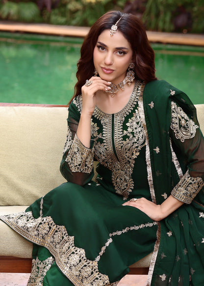 Embroidered Dark Green Chiffon Palazzo Suit Online in UK USA Canada