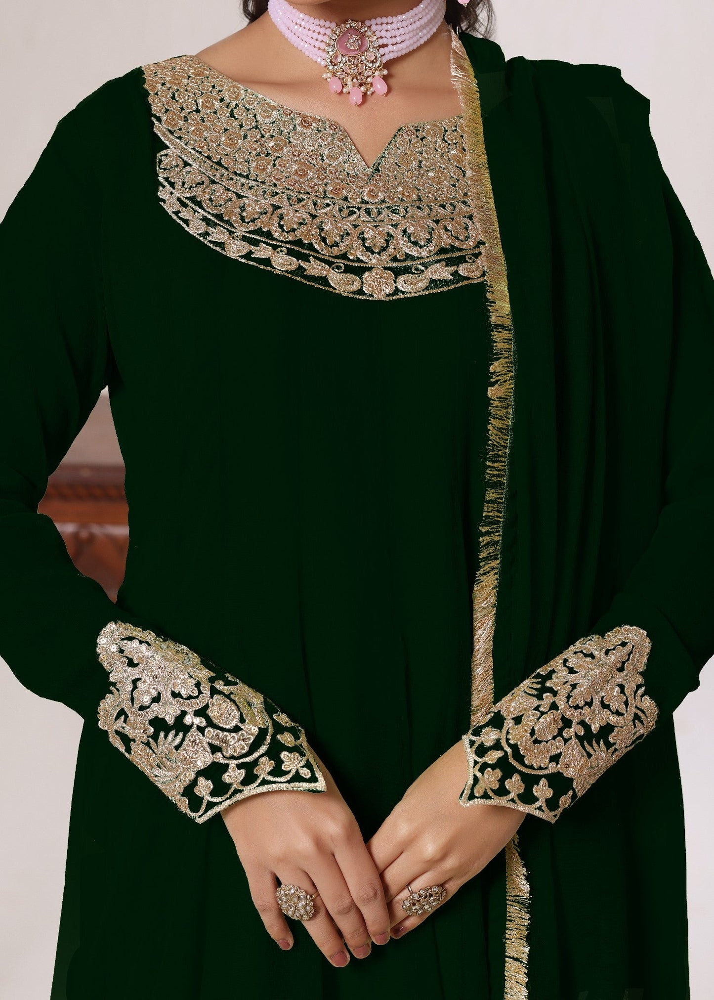 Embroidered Dark Green Chiffon Party Wear Suit Online in Dubai UAE Abudhabi Ajman Sharjah