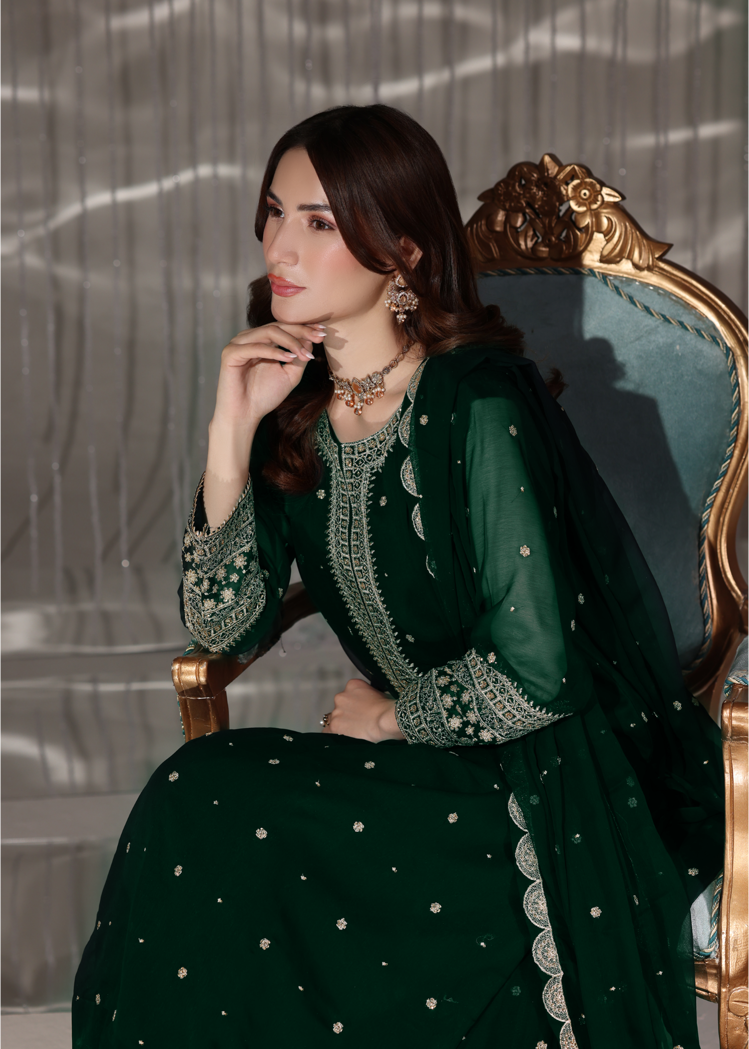 Embroidered Dark Green Chiffon Party Wear Suit Online in Sri Lanka India Australia