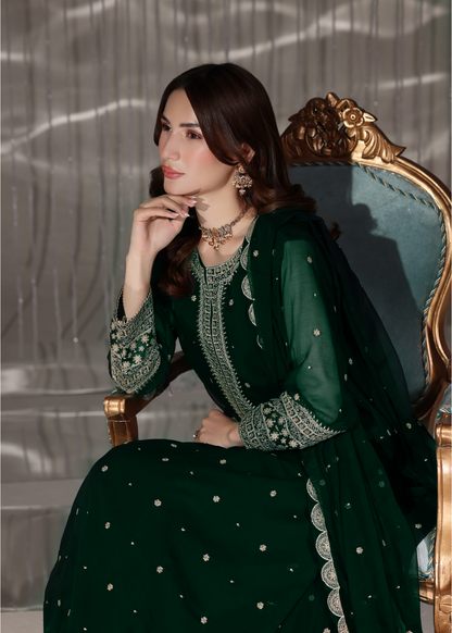 Embroidered Dark Green Chiffon Party Wear Suit Online in Sri Lanka India Australia