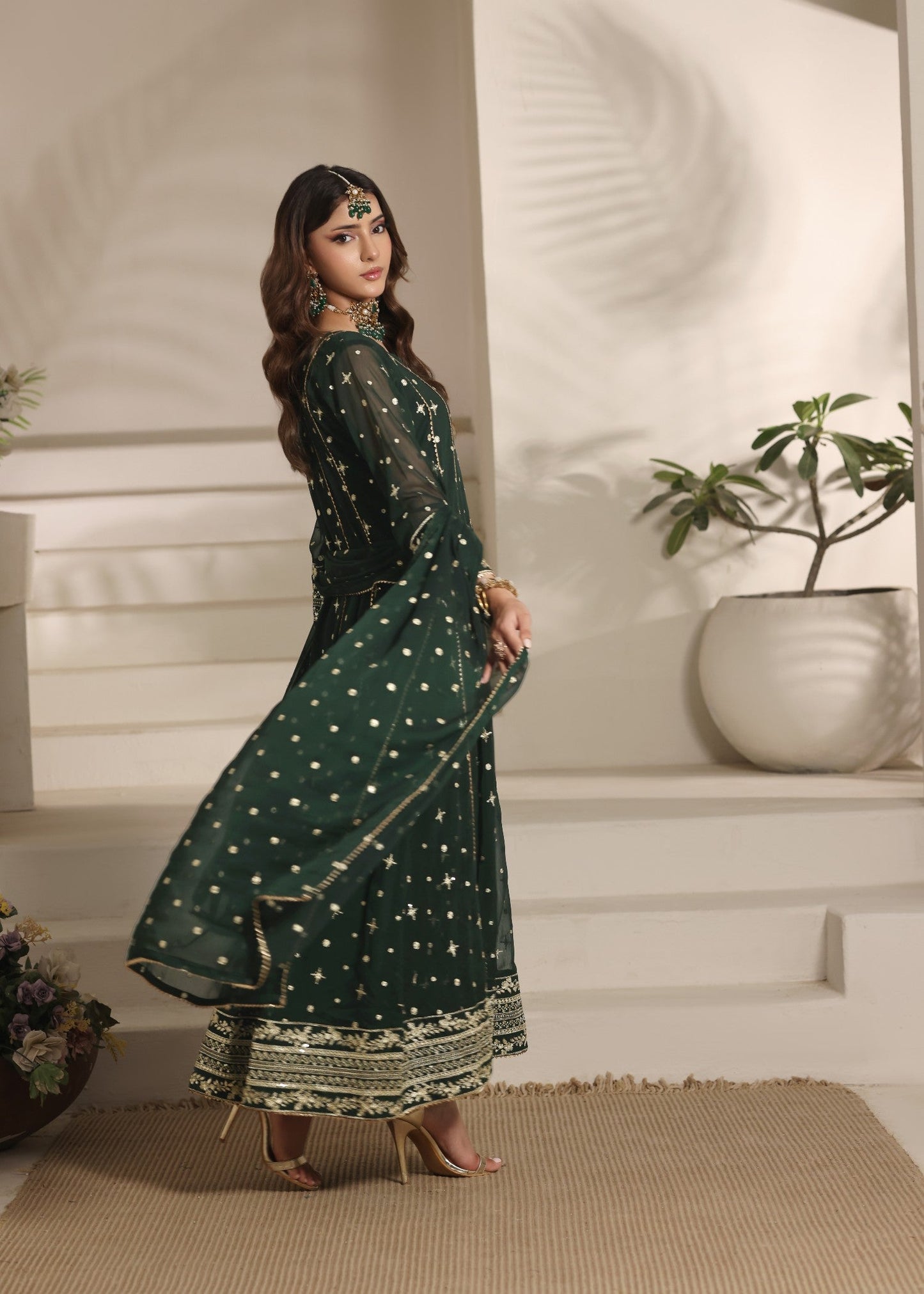 Embroidered Dark Green Chiffon Pishwas Suit Online in Sri Lanka India Australia