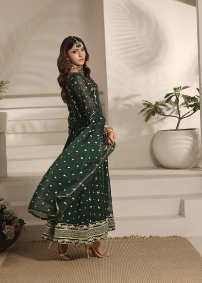 Embroidered Dark Green Chiffon Pishwas Suit Online in Sri Lanka India Australia