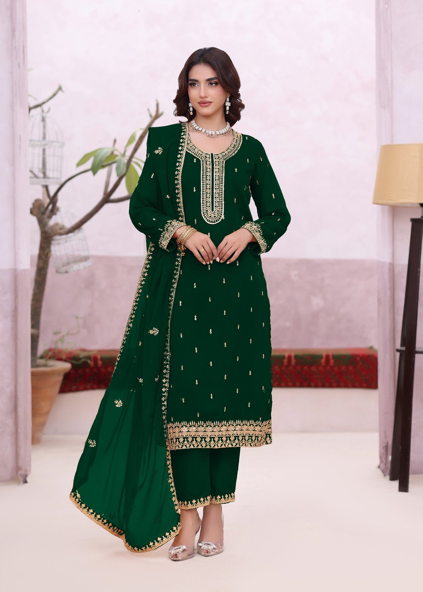 Embroidered Dark Green Chiffon Salwar Suit Online in Dubai UAE Abudhabi Ajman Sharjah