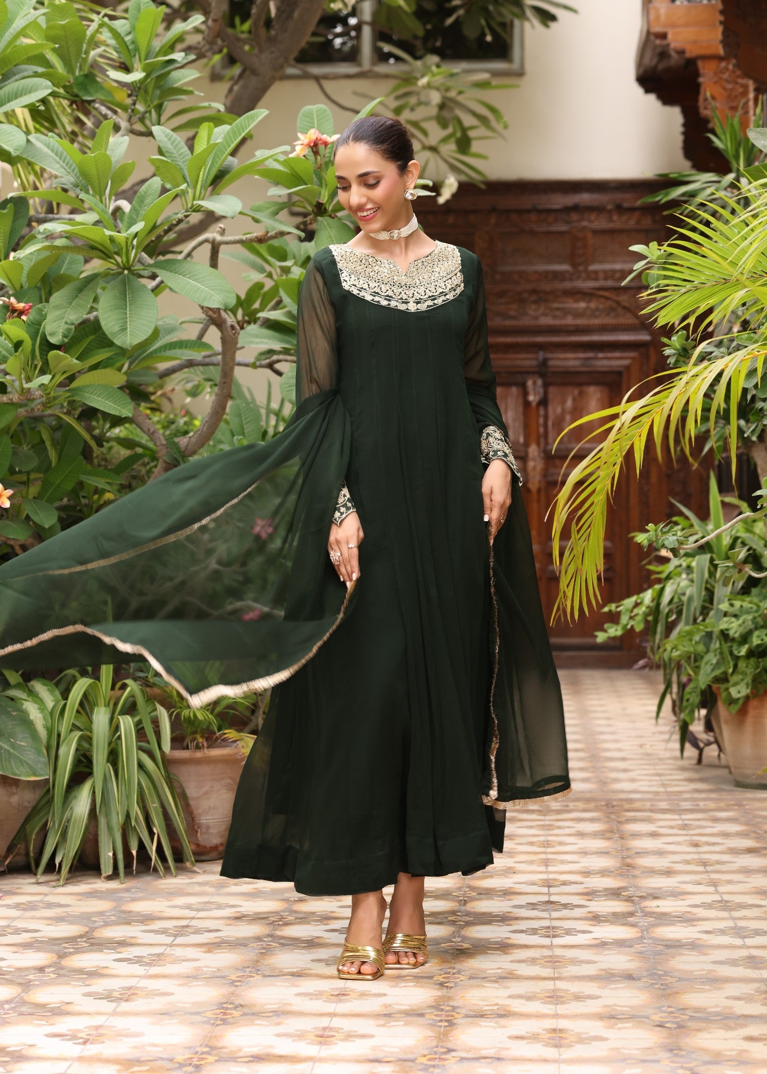 Embroidered Dark Green Chiffon Straight Trouser Suit Online in Dubai UAE Abudhabi Ajman Sharjah