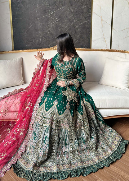 Embroidered Dark Green Chiffon Straight Trouser Suit Online in UK USA Canada