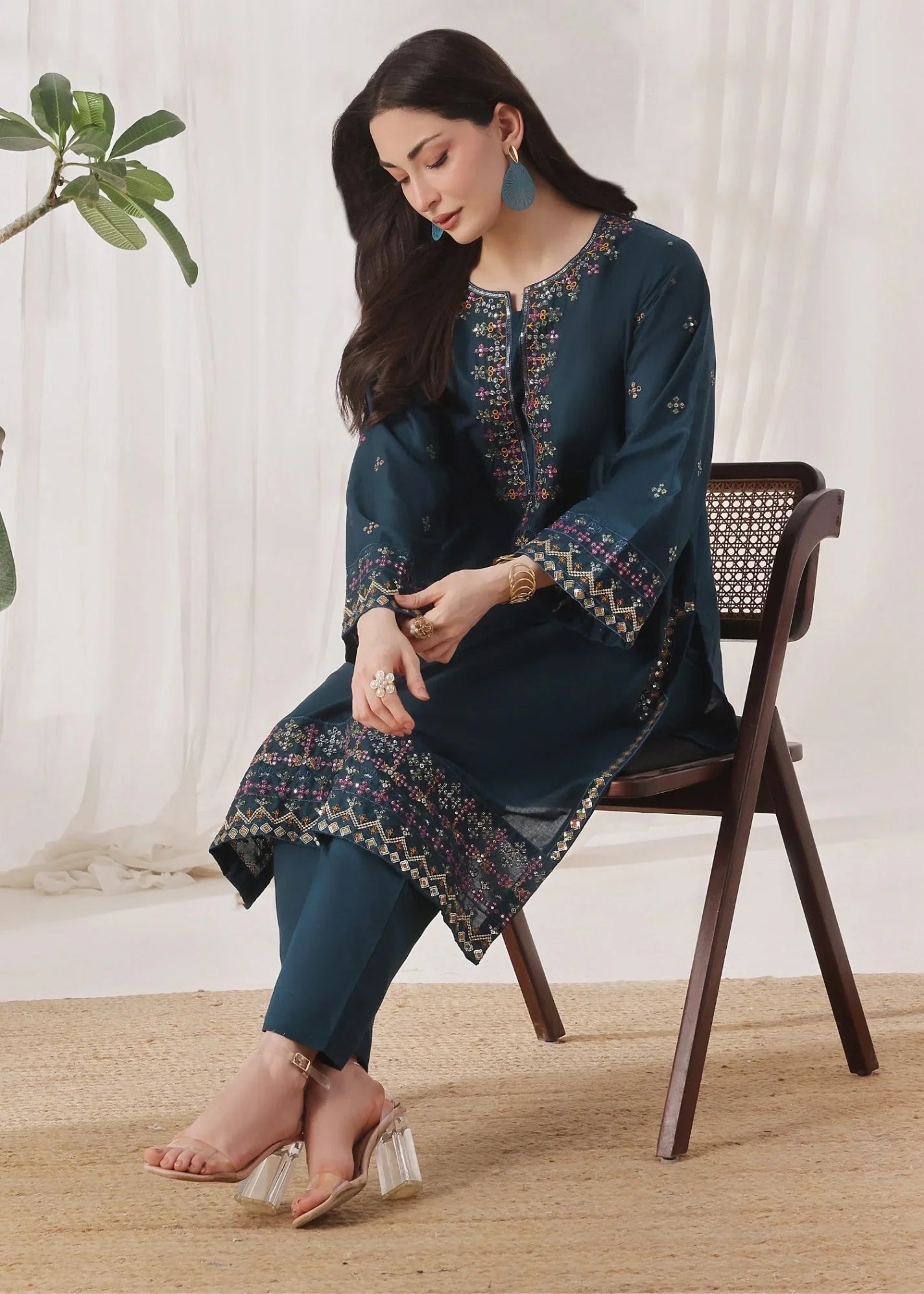 Embroidered Dark Green Cotton Lawn Suit Online in Dubai DXB UAE Abudhabi Meena Bazaar