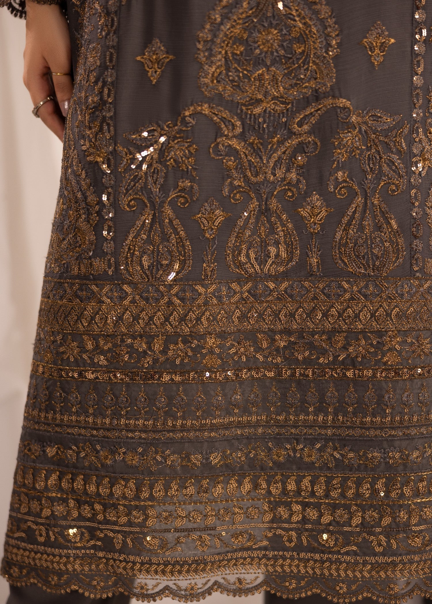 Embroidered Dark Grey Chiffon Festive Suit Online in KSA Riyadh Saudi Arabia Oman Bahrain Qatar