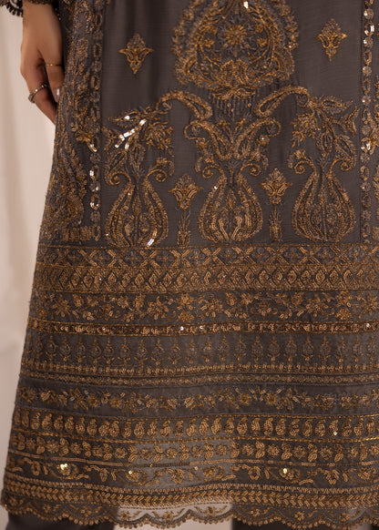 Embroidered Dark Grey Chiffon Festive Suit Online in KSA Riyadh Saudi Arabia Oman Bahrain Qatar