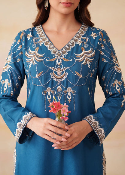 Embroidered Dhanak Kurta Set with Plazzo Online in KSA Riyadh Saudi Arabia Oman Bahrain Qatar