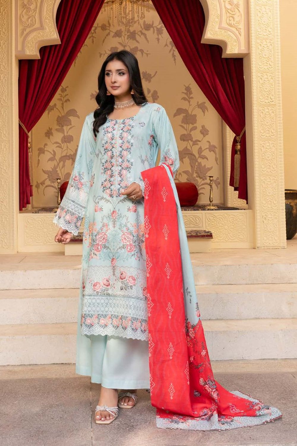 Embroidered Dhanak Plazo Suit with Printed Wool Shawl Online in Dubai UAE Abudhabi Ajman Sharjah