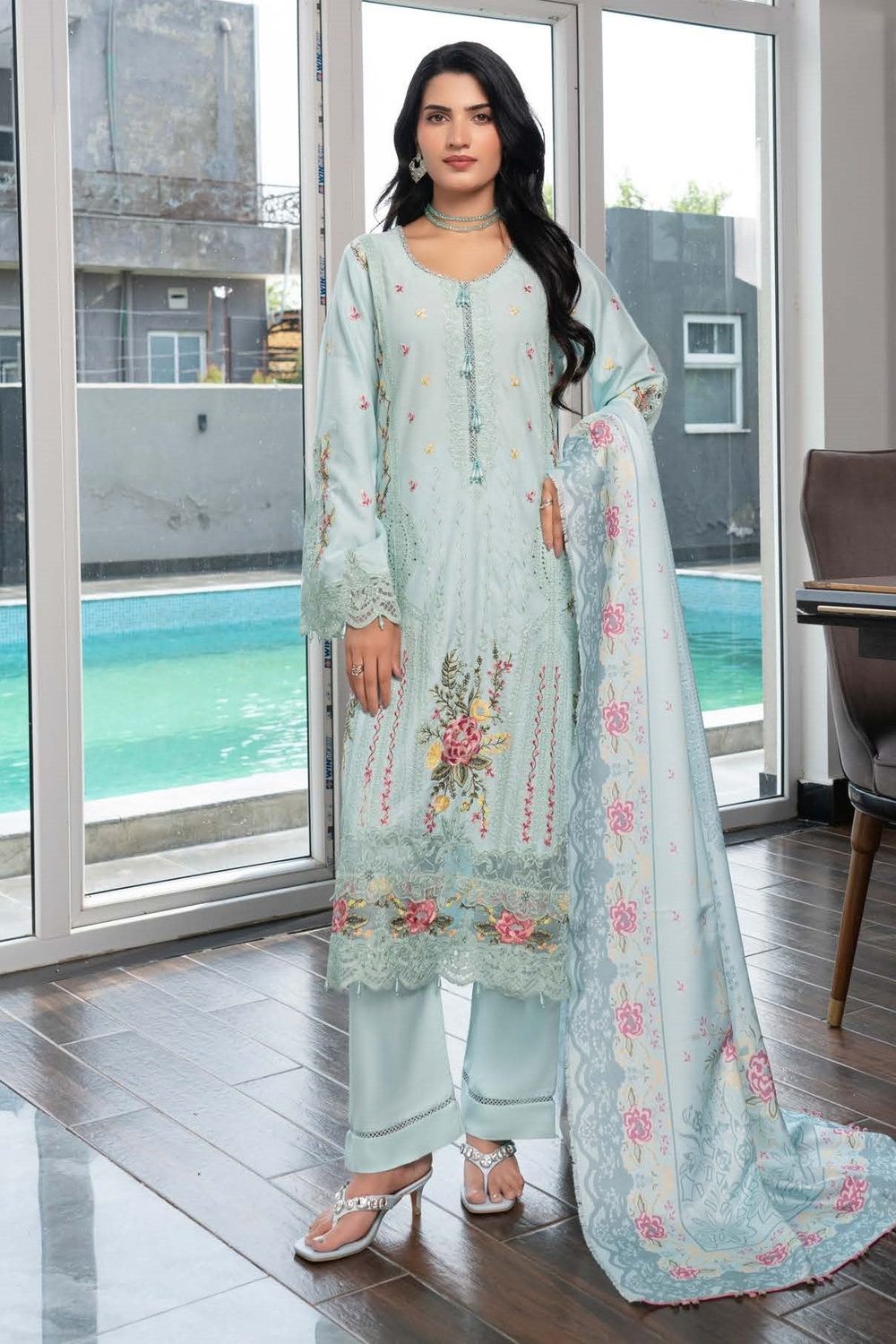 Embroidered Dhanak Salwar Suit with Pashmina Shawl Online in Dubai UAE Abudhabi Ajman Sharjah