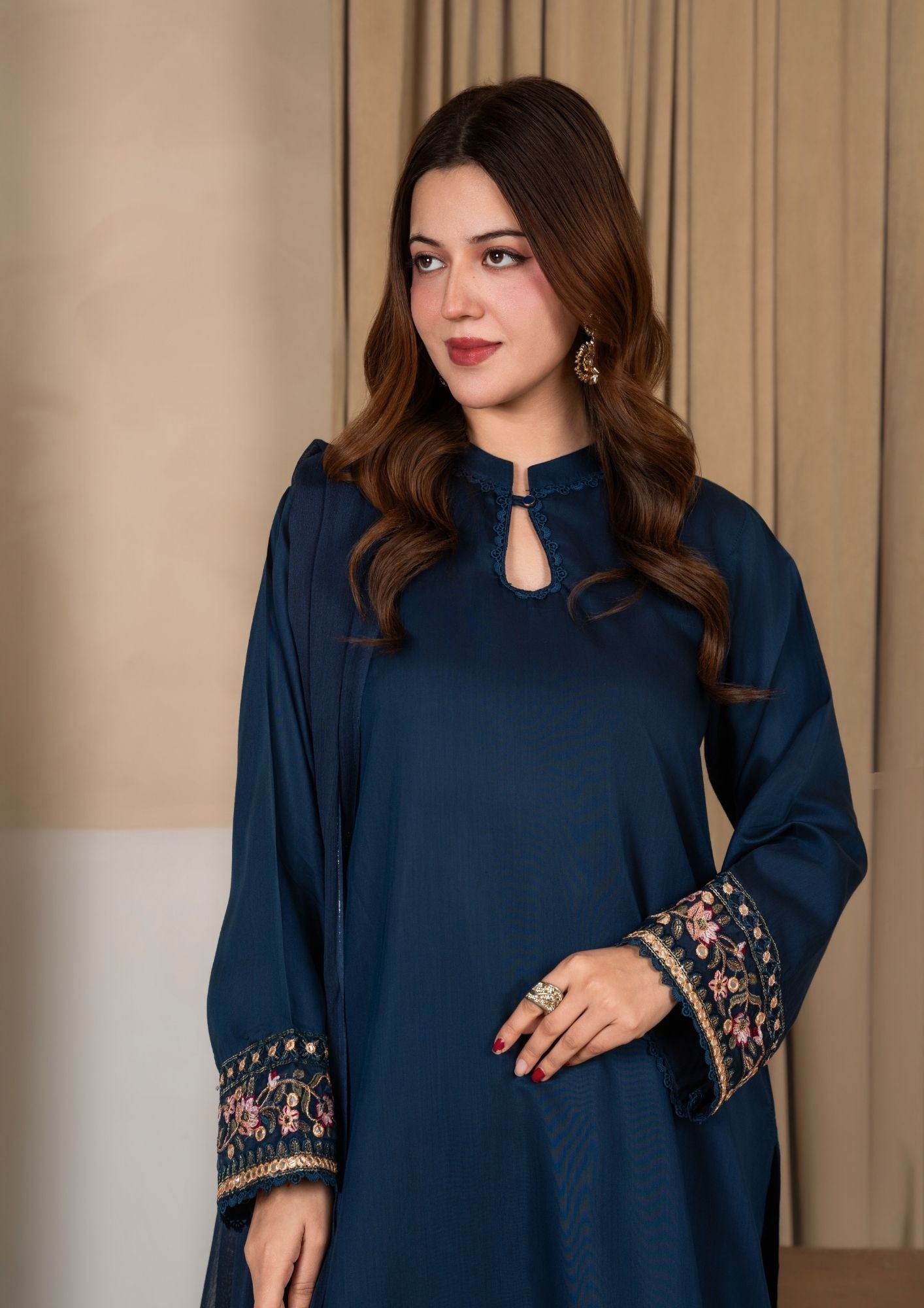 Embroidered Farshi Shalwar Prussian Blue Designer Suit Online in KSA Riyadh Saudi Arabia Oman Bahrain Qatar