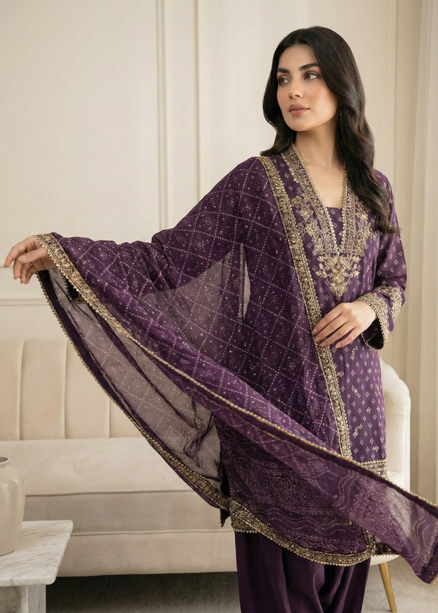 Embroidered Farshi Shalwar Purple Chiffon Suit Online in Sri Lanka India Australia