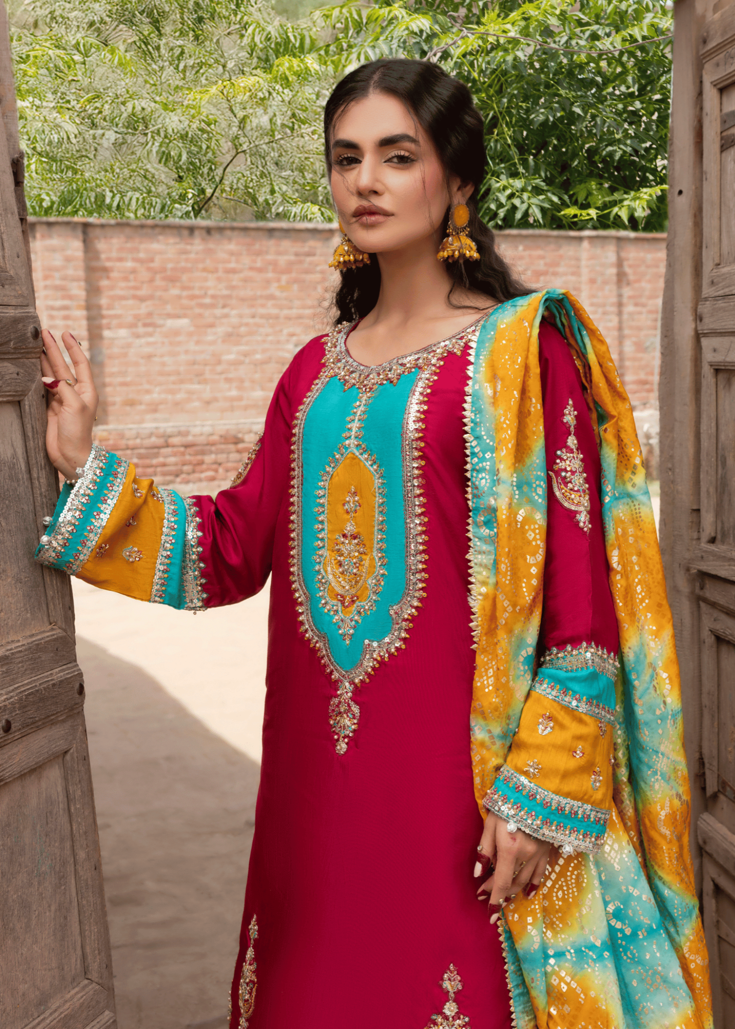 Embroidered Fuchsia Raw Silk 3 Piece Suit Online in Dubai UAE Abudhabi Ajman Sharjah