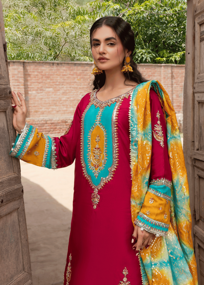 Embroidered Fuchsia Raw Silk 3 Piece Suit Online in Dubai UAE Abudhabi Ajman Sharjah