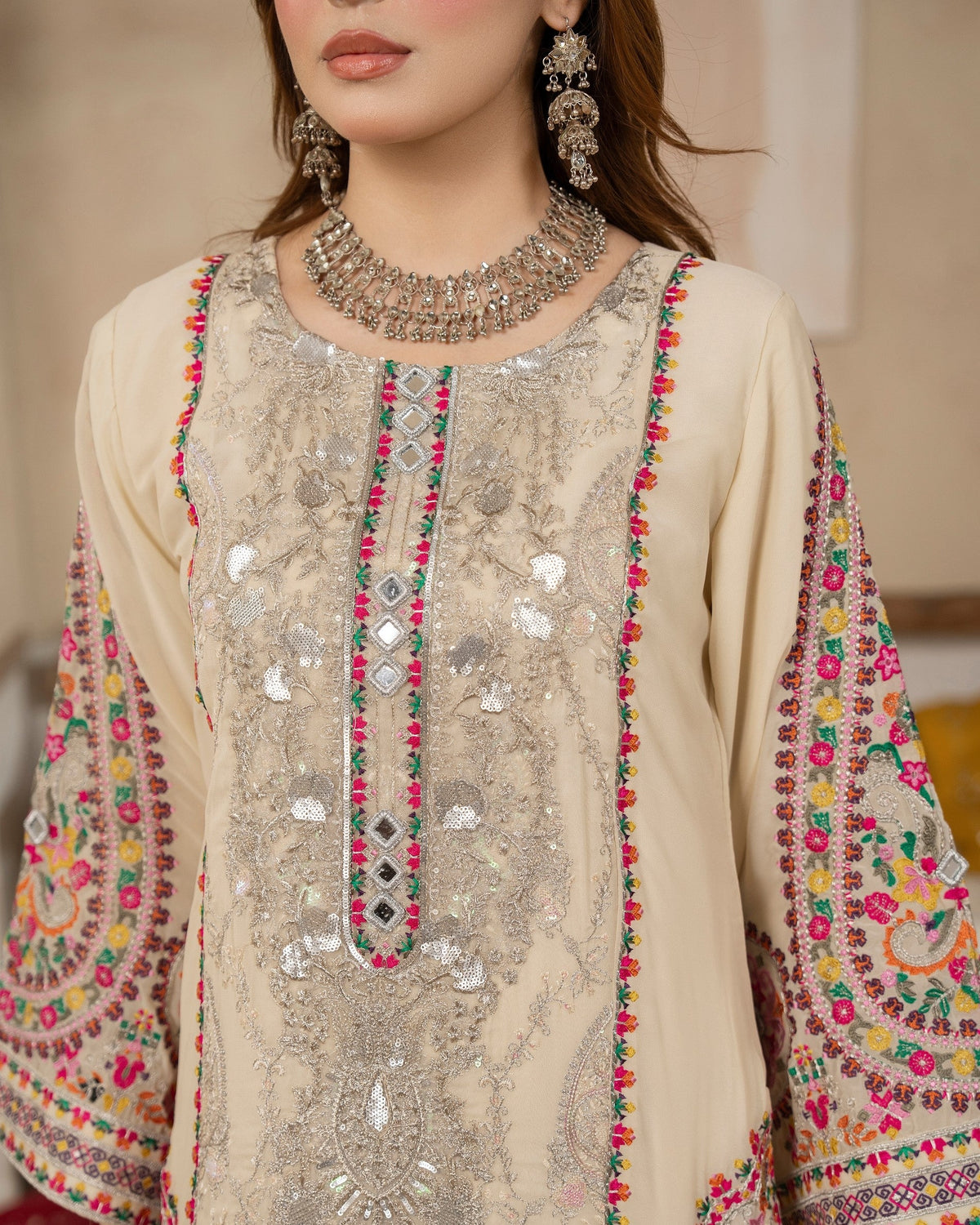 Embroidered Georgette Champagne Cream Formal Salwar Suit Online in Dubai DXB UAE Abudhabi Meena Bazaar