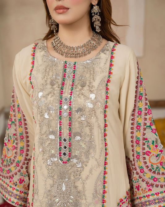 Embroidered Georgette Champagne Cream Formal Salwar Suit Online in Dubai DXB UAE Abudhabi Meena Bazaar