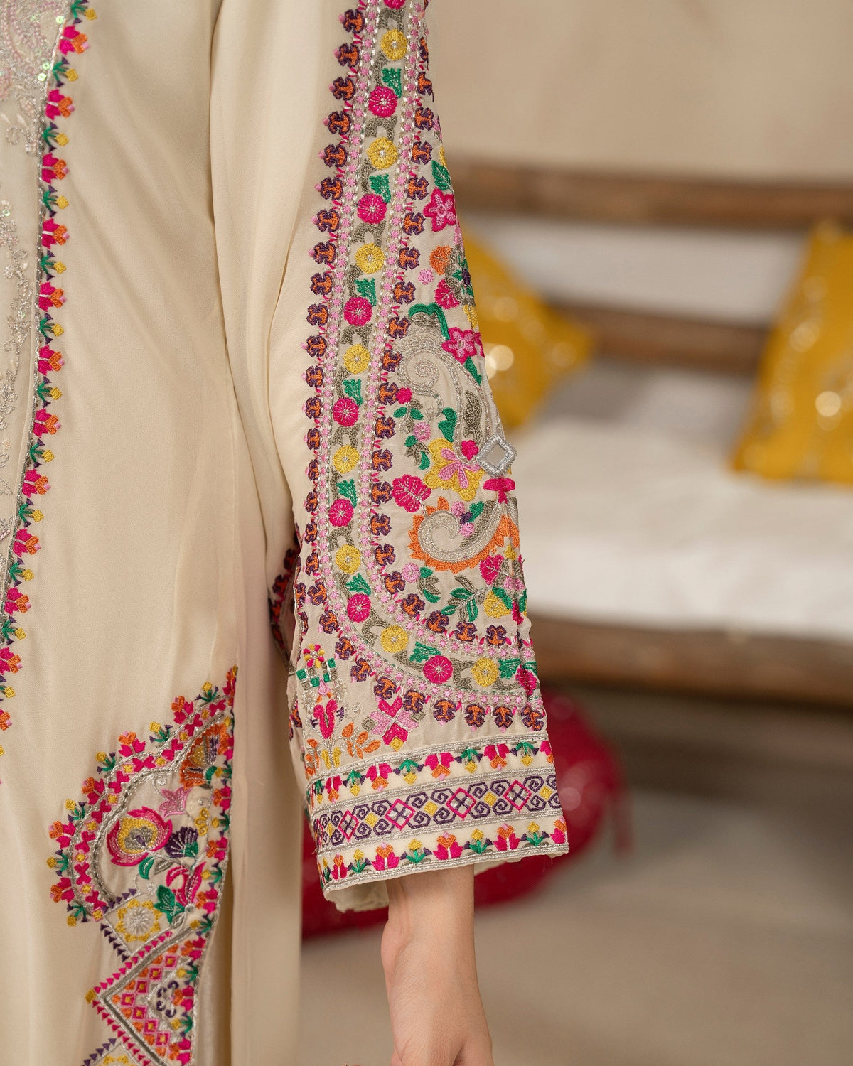 Embroidered Georgette Champagne Cream Partywear Suit Online in Dubai DXB UAE Abudhabi Meena Bazaar