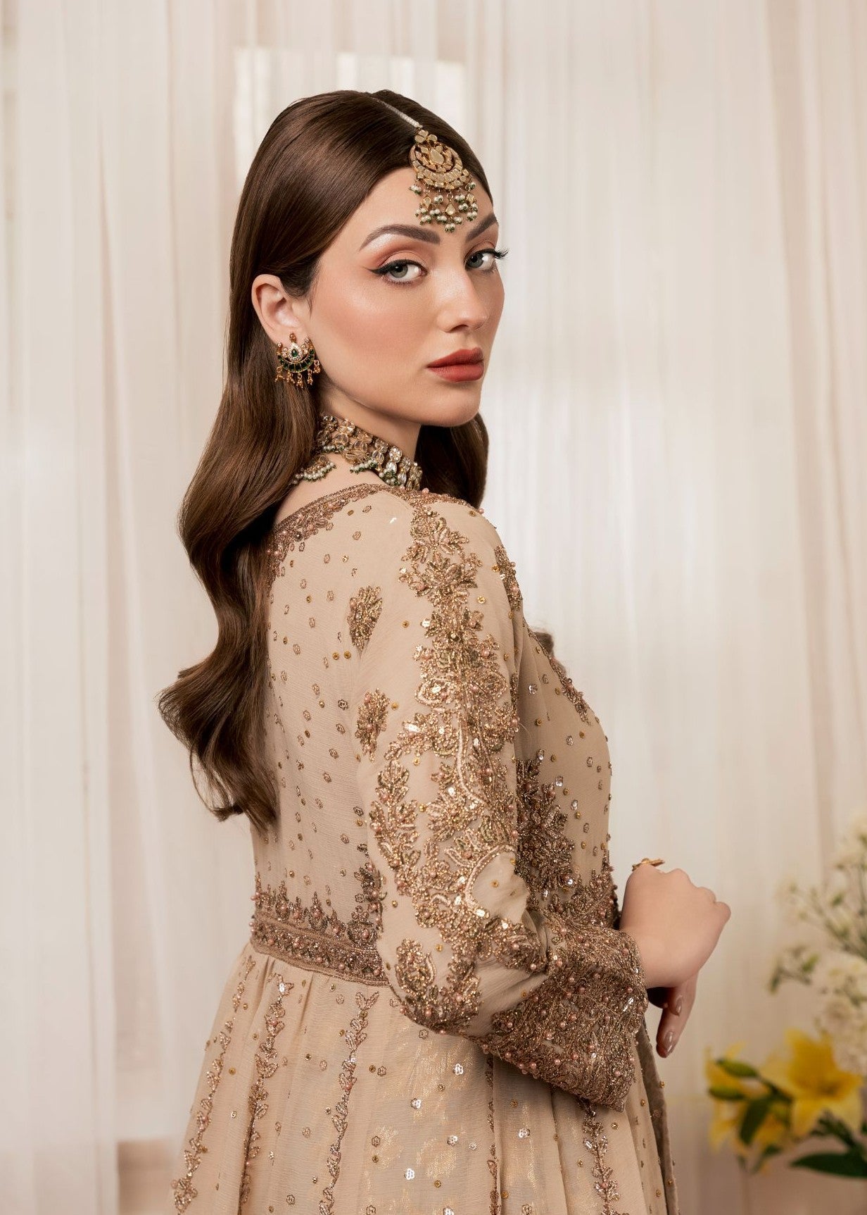 Embroidered Gold Chiffon Guest Wear Salwar Kameez Online in Dubai DXB UAE Abudhabi Meena Bazaar