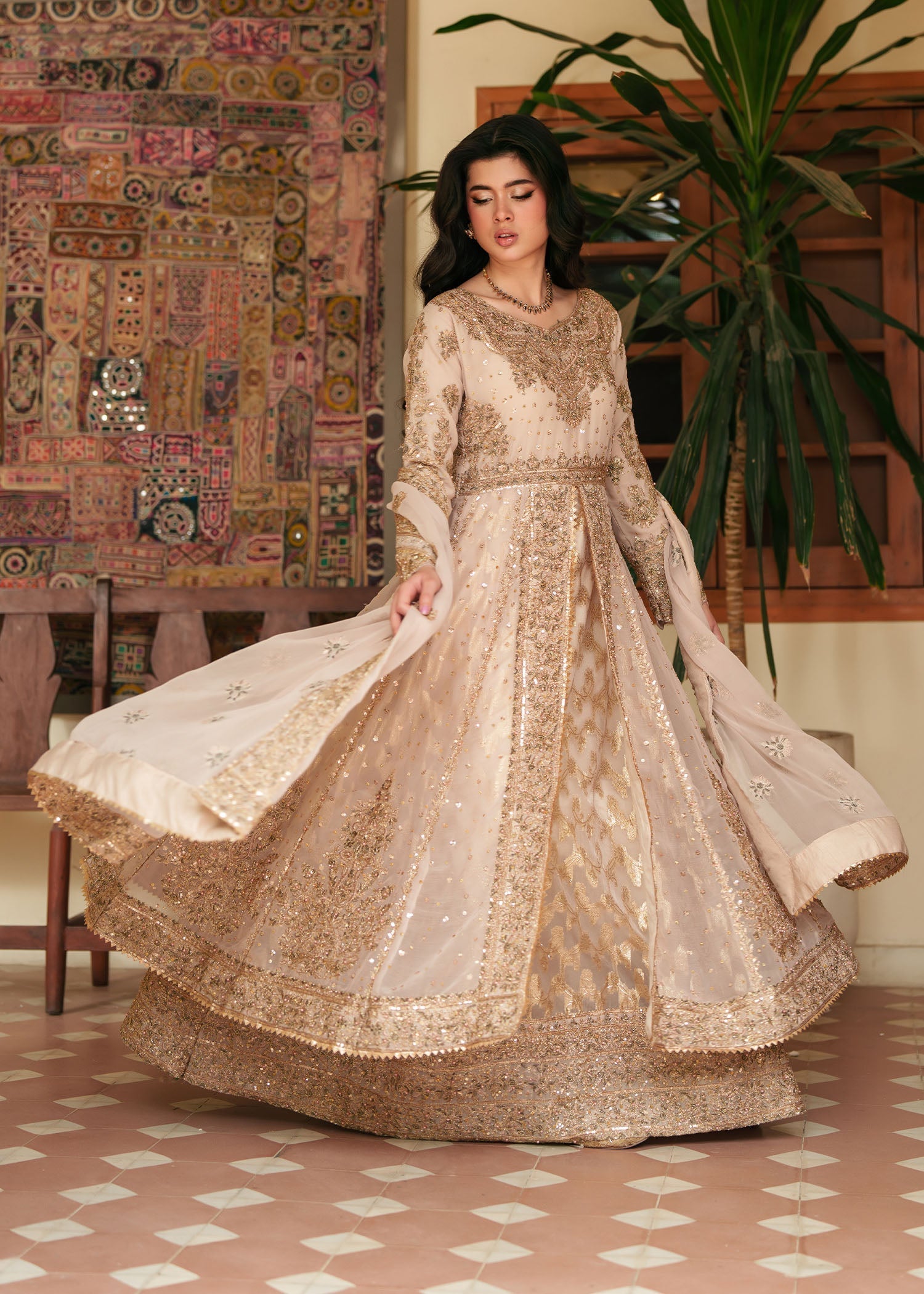 Embroidered Gold Chiffon Pakistani Wedding Dress Online in Sri Lanka India Australia