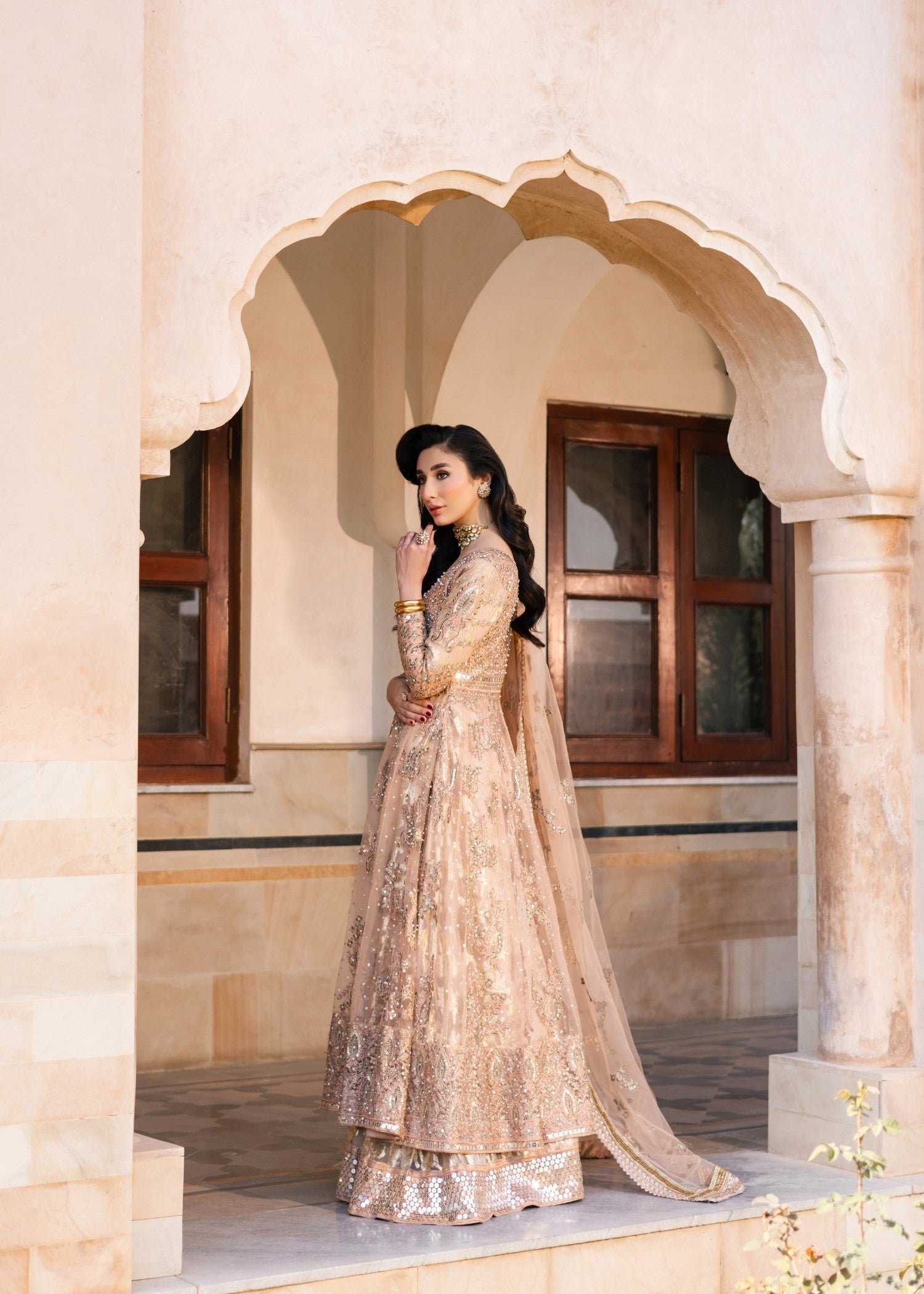 Embroidered Gold Net Wedding Outfit Online in Dubai DXB UAE Abudhabi Meena Bazaar