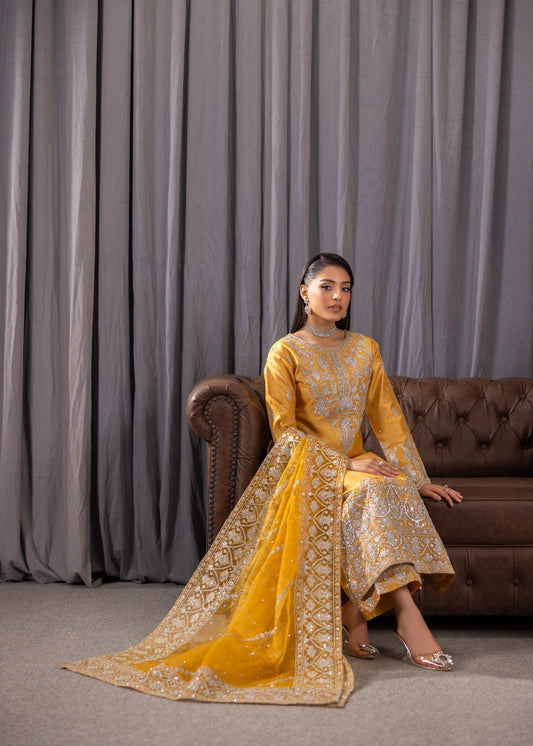 Embroidered Gold Raw Silk Pakistani Outfit Online in Dubai DXB UAE Abudhabi Meena Bazaar