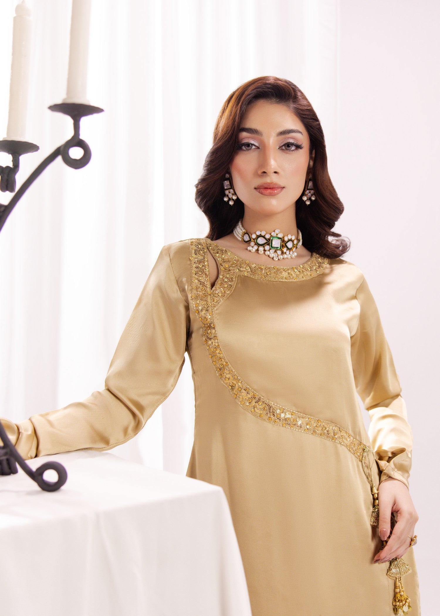 Embroidered Gold Silk Party Wear Kurta Set Online in KSA Riyadh Saudi Arabia Oman Bahrain Qatar