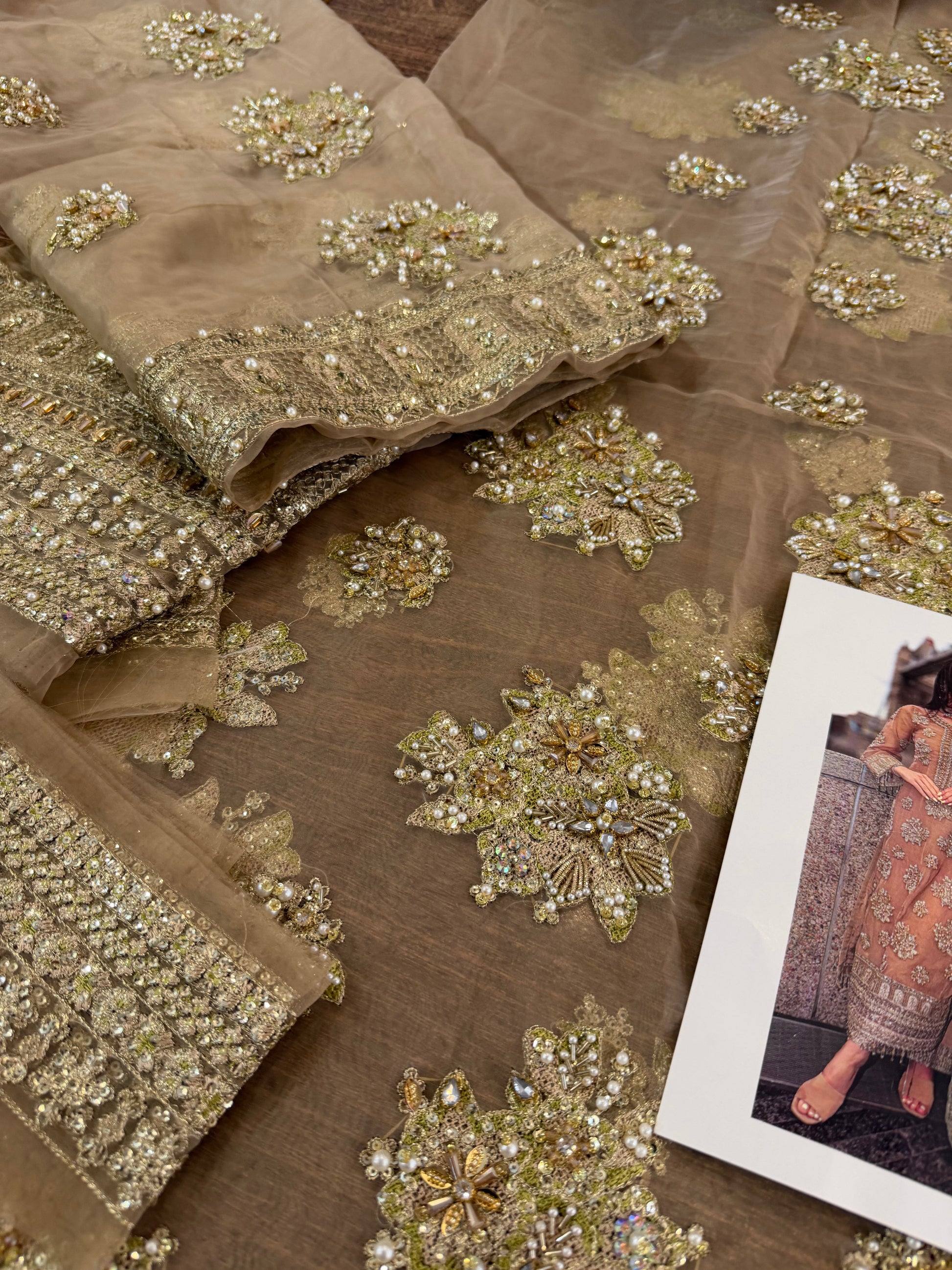 Embroidered Golden-Beige Chiffon Pakistani Designer Suit Online in Dubai UAE Abudhabi Ajman Sharjah