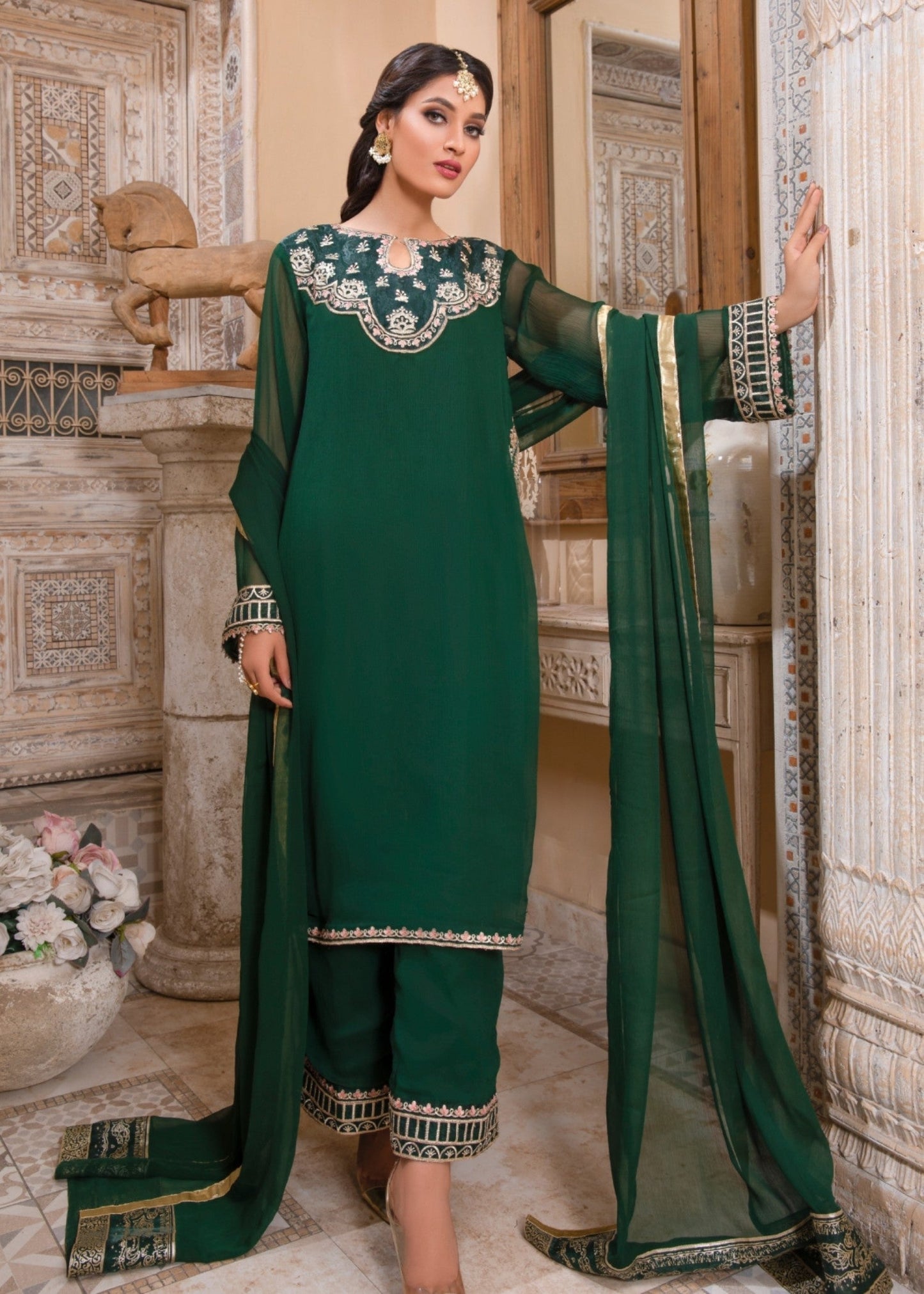 Embroidered Green Chiffon Designer Suit Online in UK USA Canada