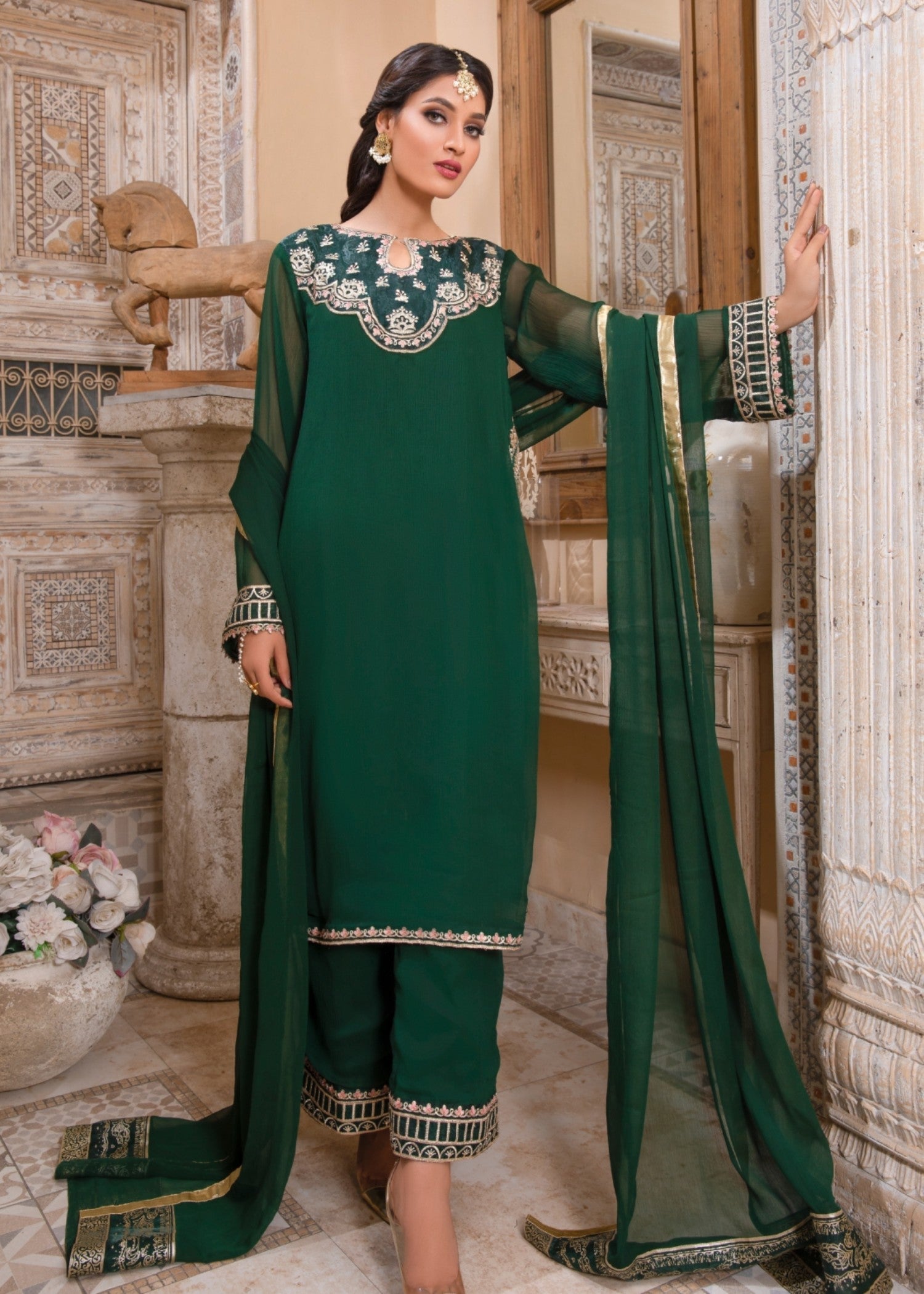 Embroidered Green Chiffon Designer Suit Online in UK USA Canada