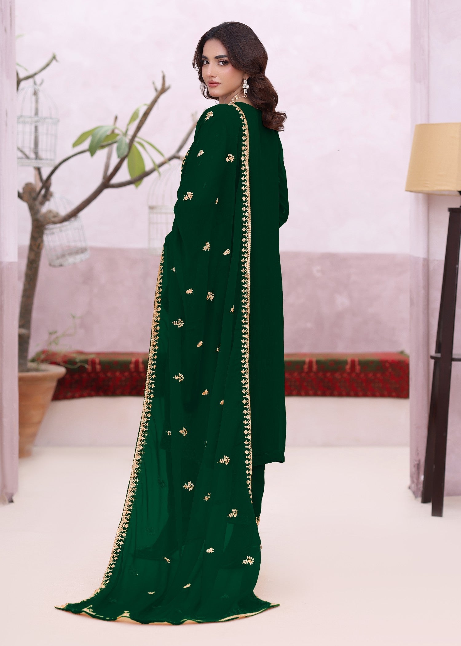 Embroidered Green Chiffon Ladies Suit Online in UK USA Canada