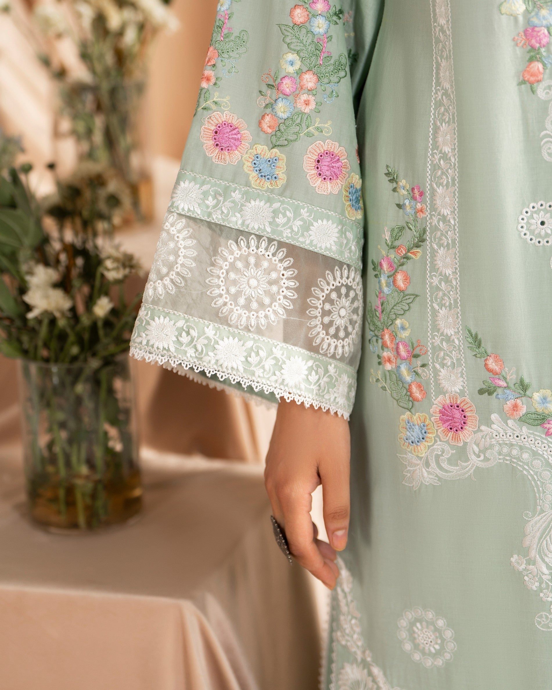Embroidered Green Cotton Pakistani Designer Suit Online in Dubai UAE Abudhabi Ajman Sharjah