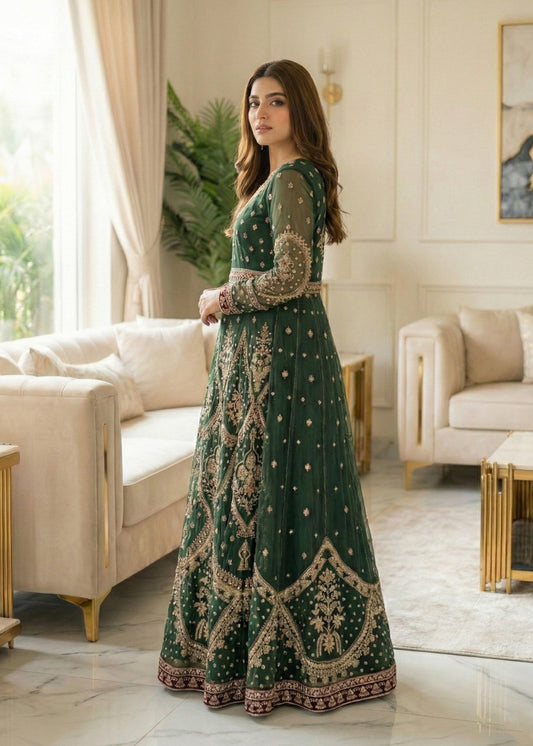 Embroidered Green Net Pakistani Suit Online in Dubai DXB UAE Abudhabi Meena Bazaar