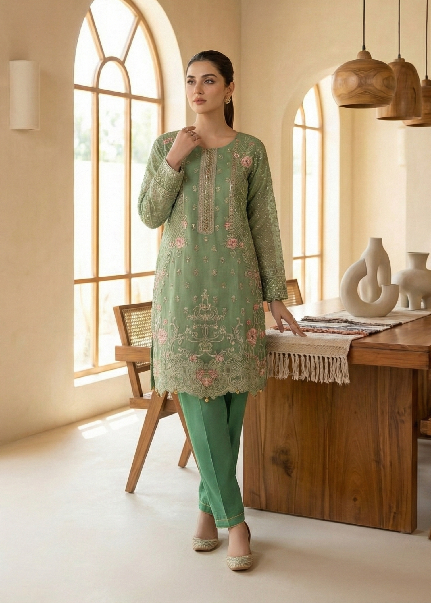 Embroidered Green Organza Party Wear Dress Online in Dubai DXB UAE Abudhabi Meena Bazaar