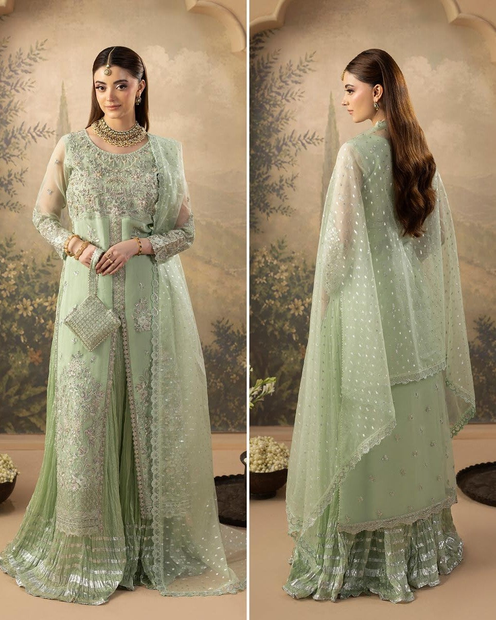 Embroidered Green Organza Sharara with Potli Bag Online in KSA Riyadh Saudi Arabia Oman Bahrain Qatar